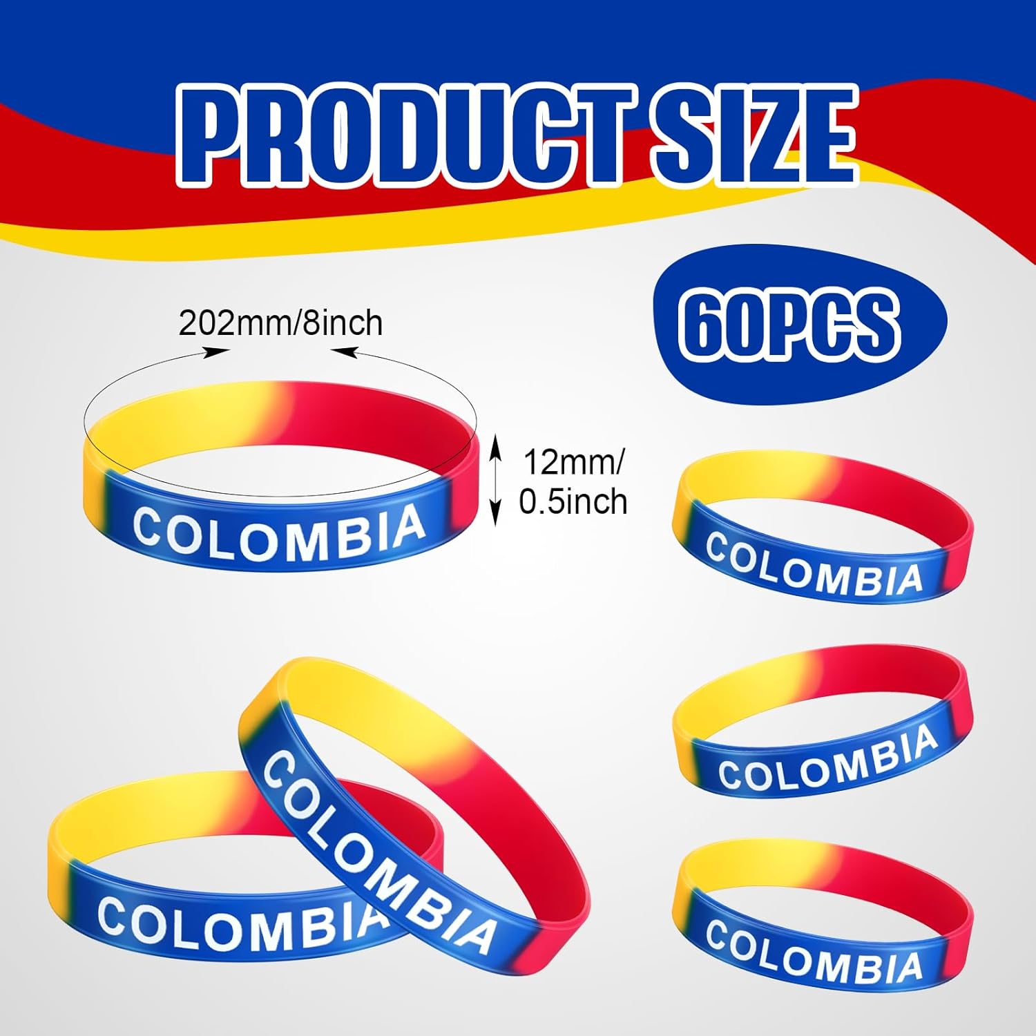 60 Pcs Colombia Silicone Bracelet Colombia Independence Day Rubber Wristband Yellow Blue Red Flag Bracelets Bulk for Men Women Birthday Party - Image 3