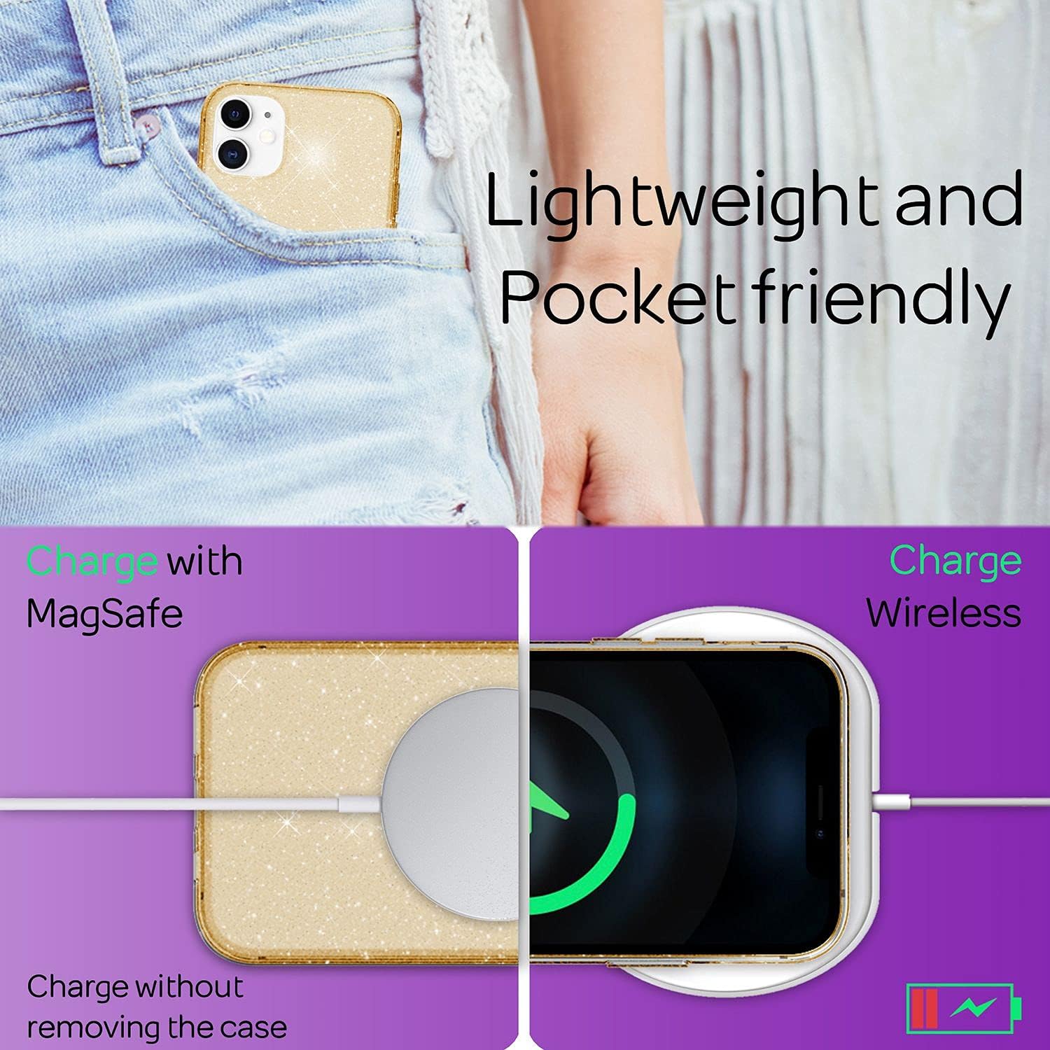 NALIA Glitter Cover Compatible with iPhone 12 / iPhone 12 Pro Case, Protective Sparkly Diamond See Through Silicone Gel Bumper, Slim Bling Crystal Mobile Phone Protector Skin, Color:Gold