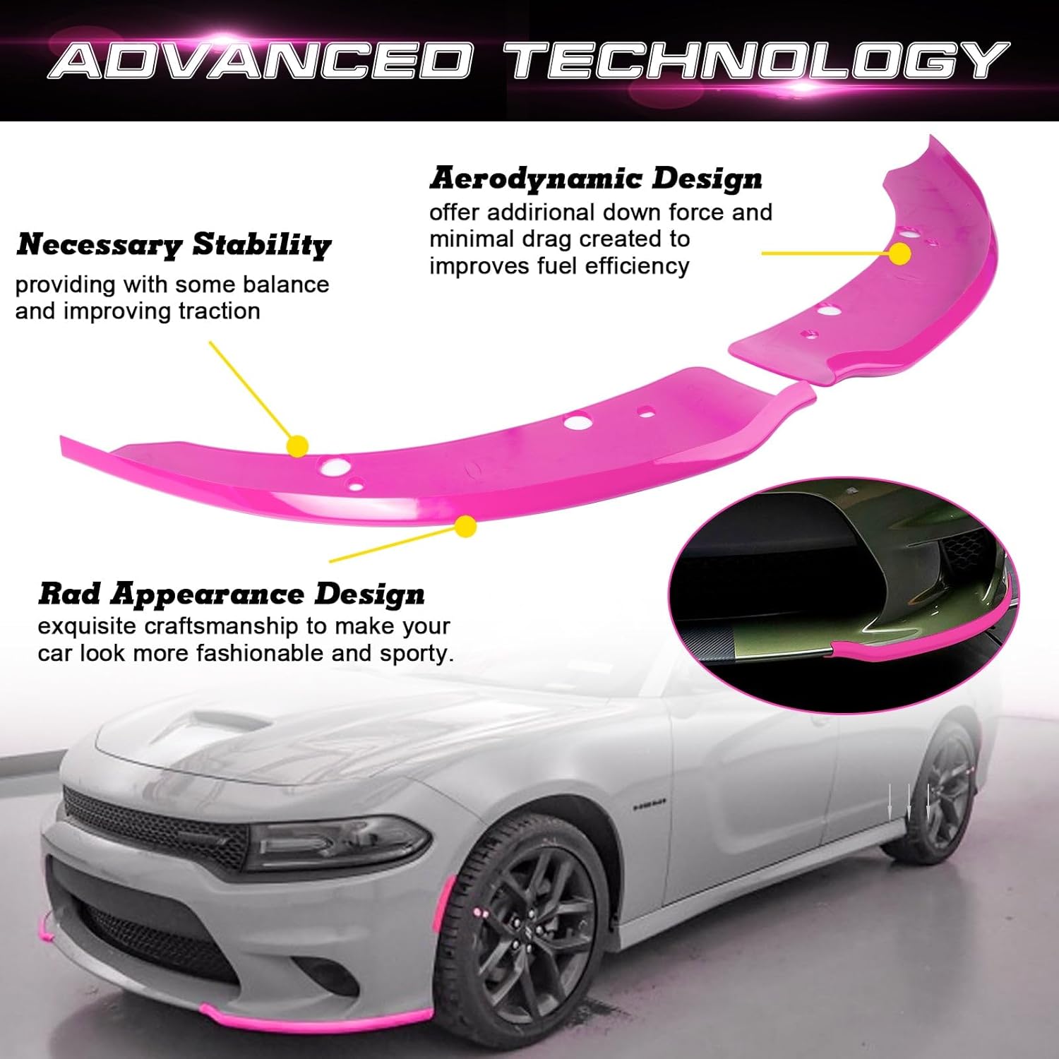 x xotic tech 2PCS Front Splitter Spoilers Protector Bumper Lip Corner Edge Kit Compatible with Dodge Charger Hellcat/SRT 392/Scat Pack/RT Scat Pack 2015-2024, GT/RT 2019-2024, Pink