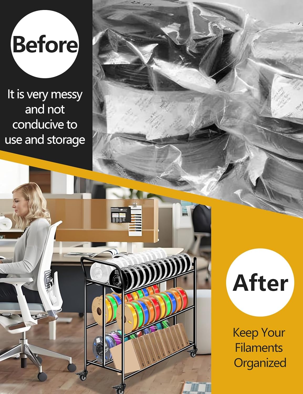 3D Printer Filament Storage Rack,360°Rolling Filament Spool Holders Racks with Wheels,Heavy Duty Metal Shelf for PLA/ABS/TPU,3 Tier Filament Storage With Handle for 3D Printing Business