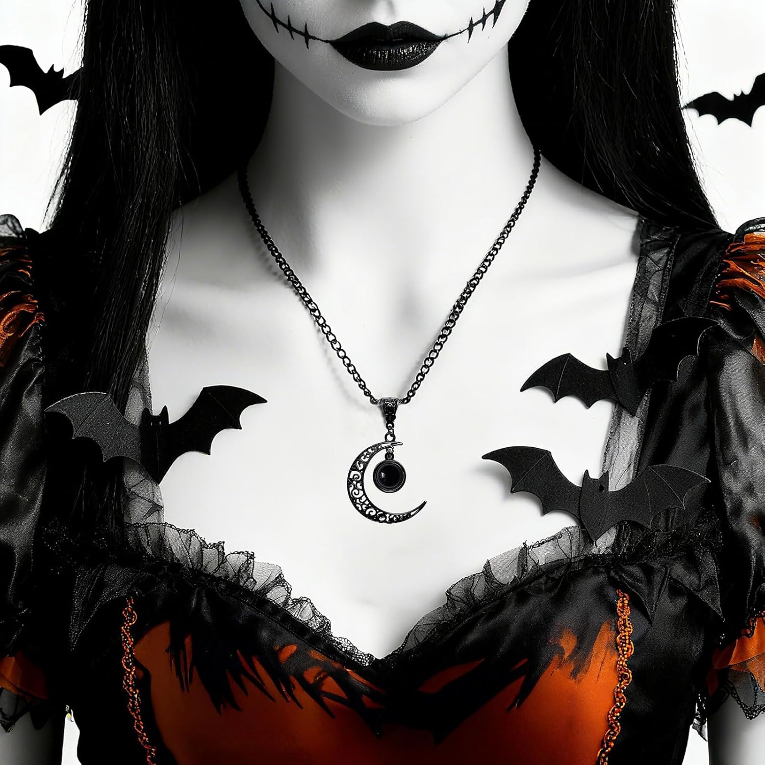 Gothic Moon Crystal Necklaces for Women Vintage Black Crescent Pendant Necklace Halloween Costume Jewelry - Image 2