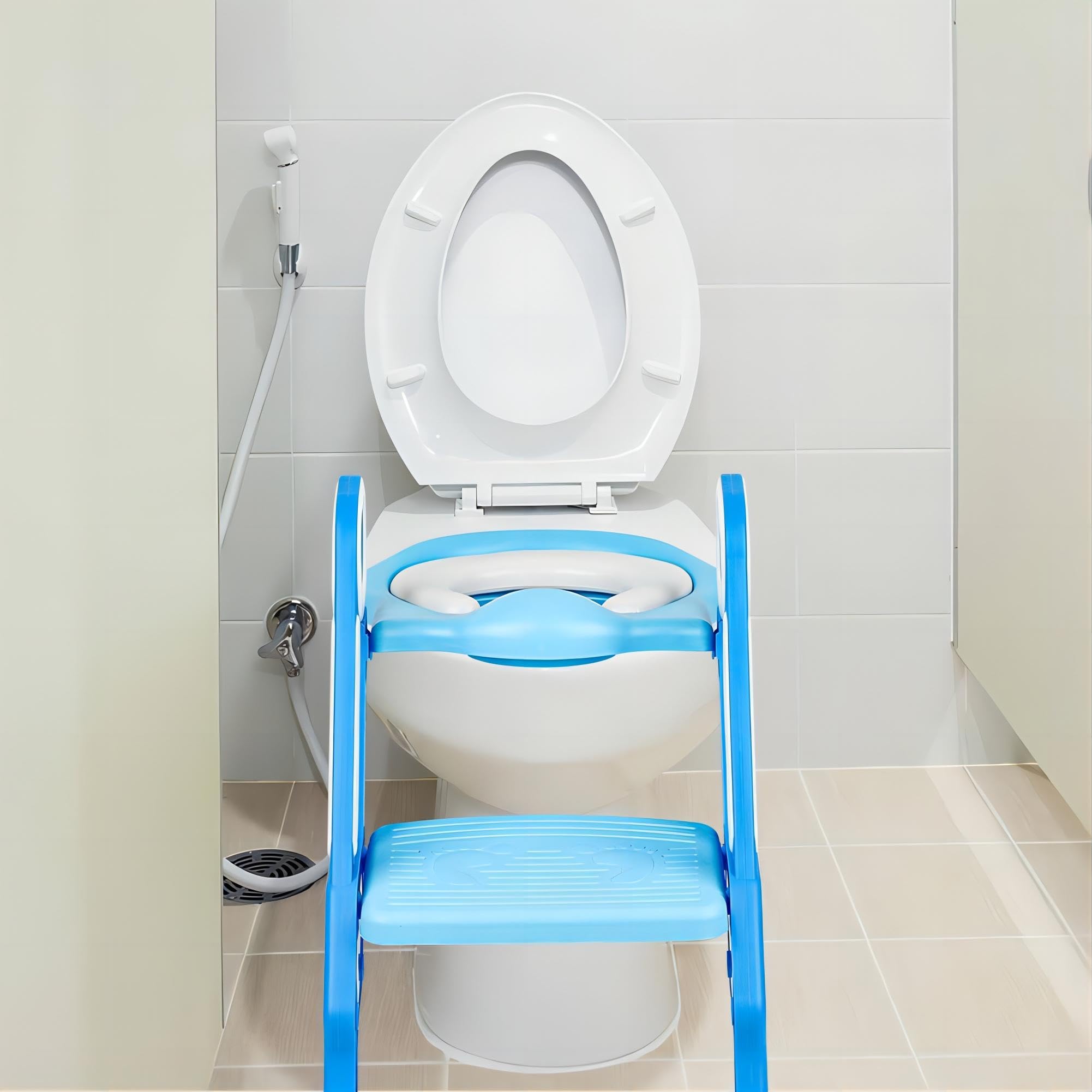 Pieghevole Riduttore WC 2-7 anni, Sedile WC per bambini compatibile WC per adulti, sedile WC con scala regolabile a 2 piani, riduttore per WC con cuscino e maniglia (blu)