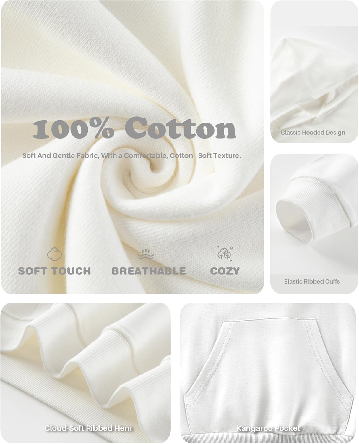 Boys Hoodies - Unisex Kids Solid Cotton Hooded Sweatshirt Pullover with Kangaroo Pocket for Girls 4-12 Years White - Image 4