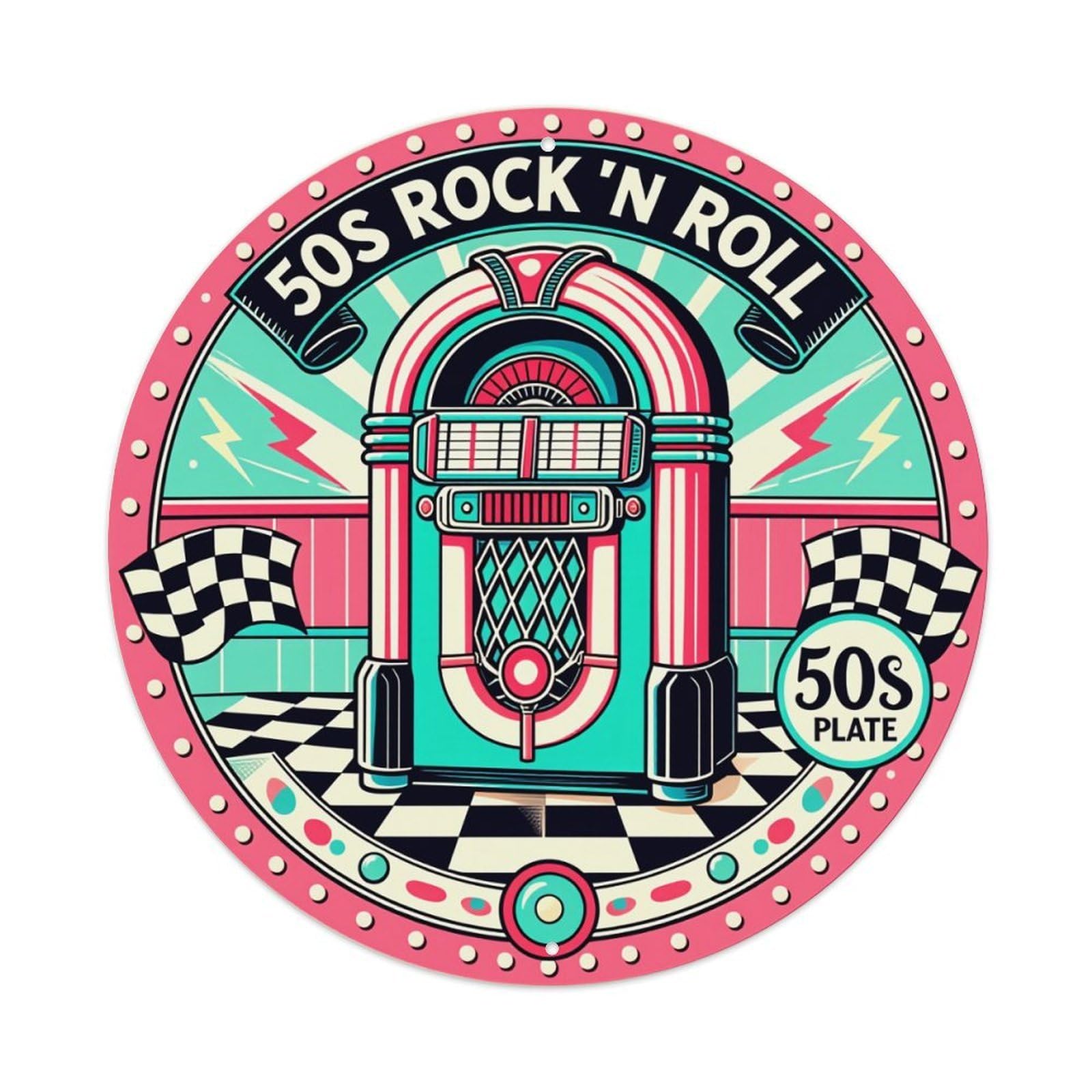 Retro Jukebox Rock N Roll Pattern Round Tin Sign Retro Metal Sign for Cafe Bar Pub Home Game Room Gym Club Wall Decoration Vintage Metal Poster 8x8 Inch