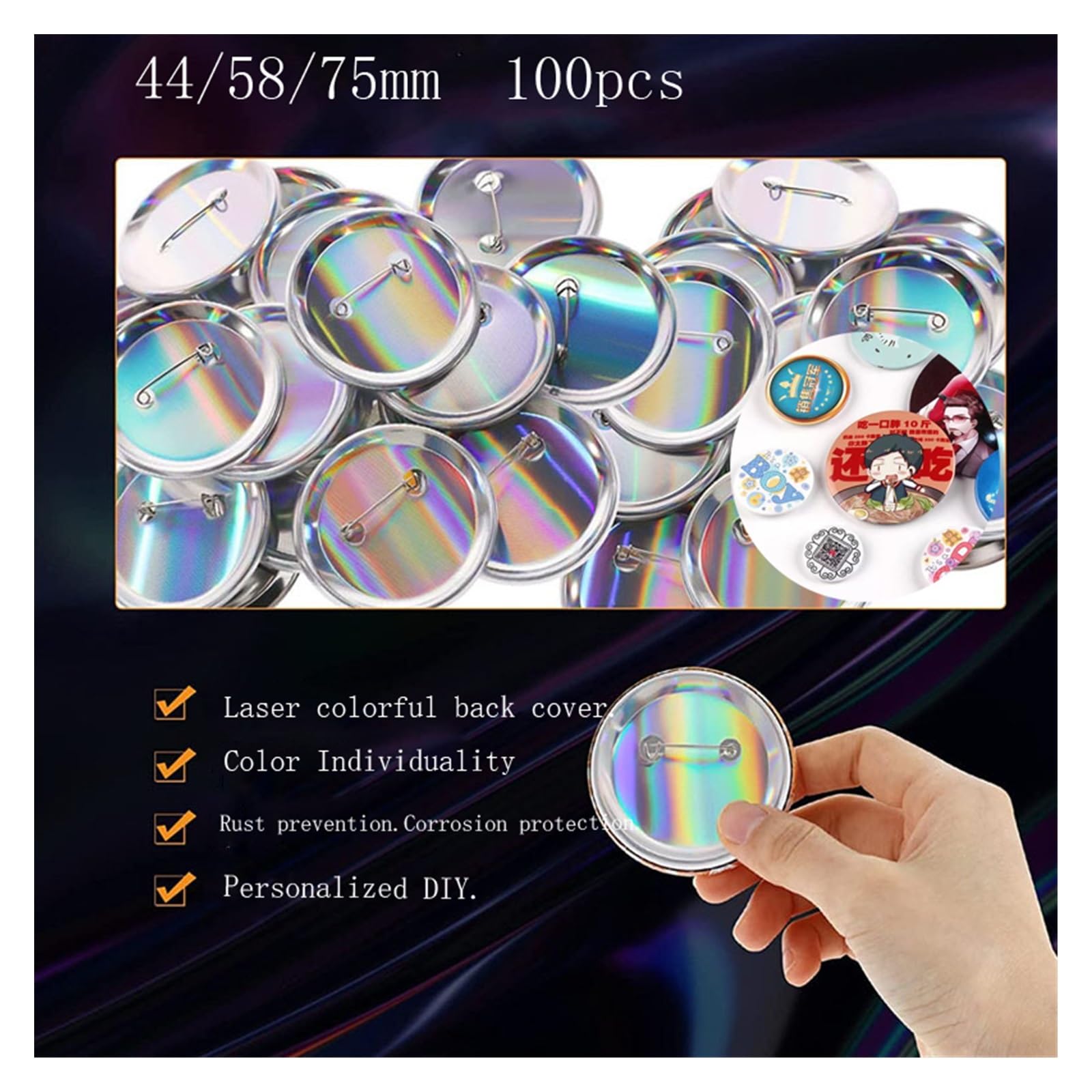 EDEDE Abzeichen-Herstellungsset, 100 stücke Metall Blank Abzeichen Pin Button Teile Bunte Eisen Unten Glänzend Abzeichen Maschine Zubehör 44/58/75mm DIY Kunst Handwerk(58mm100sets)