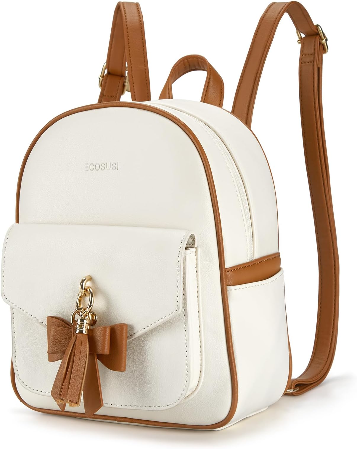 Mini Backpack for Women Girls Cute Bowknot Small Backpack Purse Ladies Leather Bookbag Satchel Bag, with Charm Tassel White&Brown