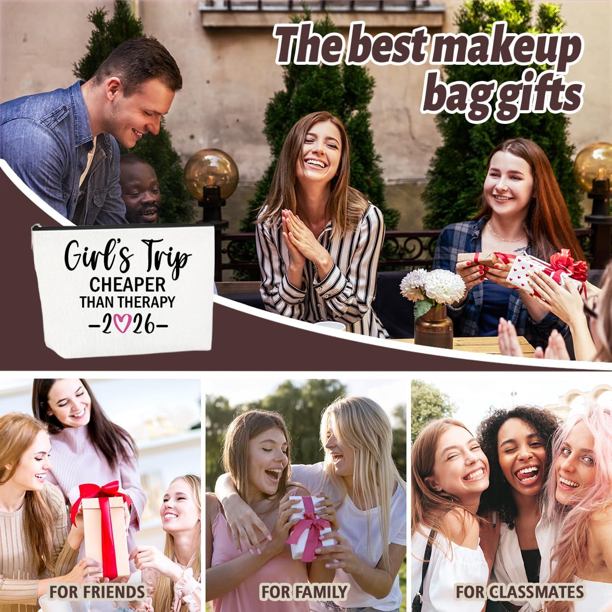 6 PCS Girls Trip Gifts Favors 2026 Girls Weekend Gifts for Women Bestie Gifts Friend Gifts Girls Trip Favors for Her Sister Niece Friendship Holiday Vacation Makeup Bag Weekend Bags for Women