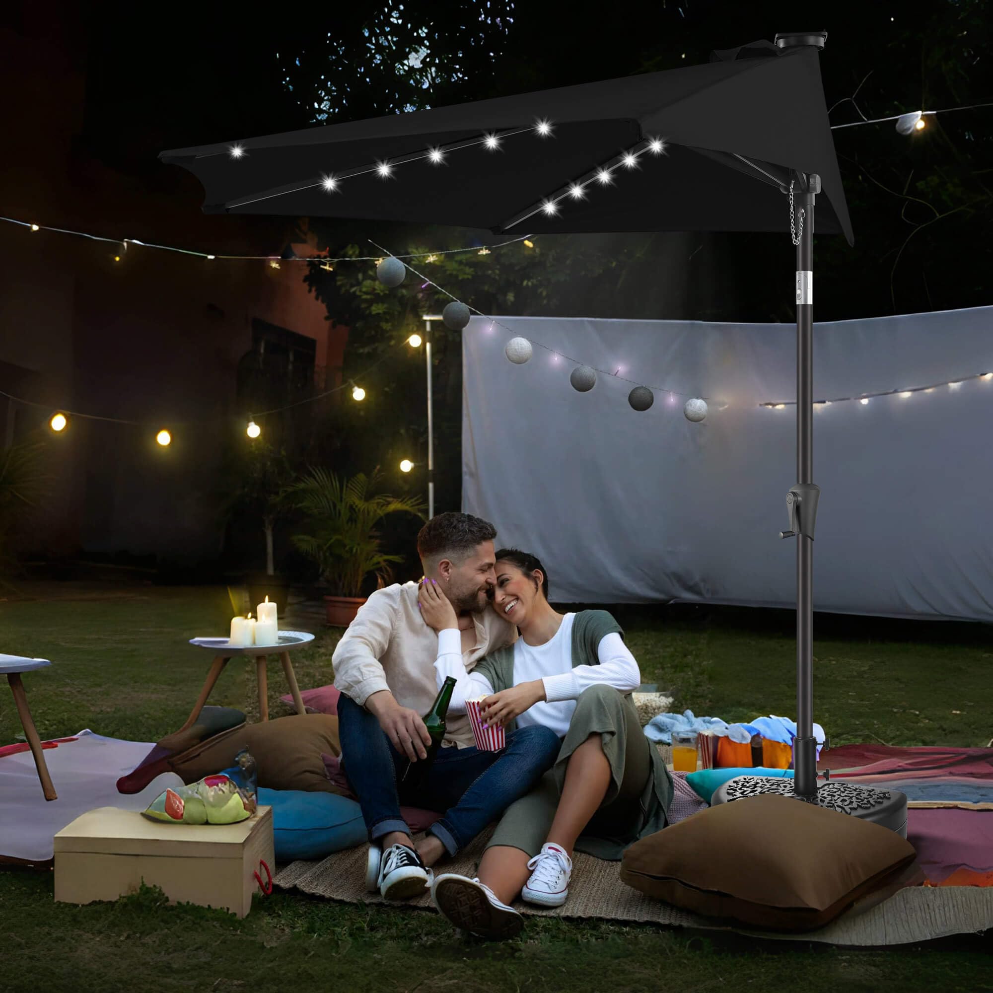 Condition photo showing New/Like New for 9ft solar half umbrellas outdoor - led half patio umbrella with 25 lights, uv protection waterproof, half round umbrella for wall balcony, pool, porch, garden, deck, backyard, black