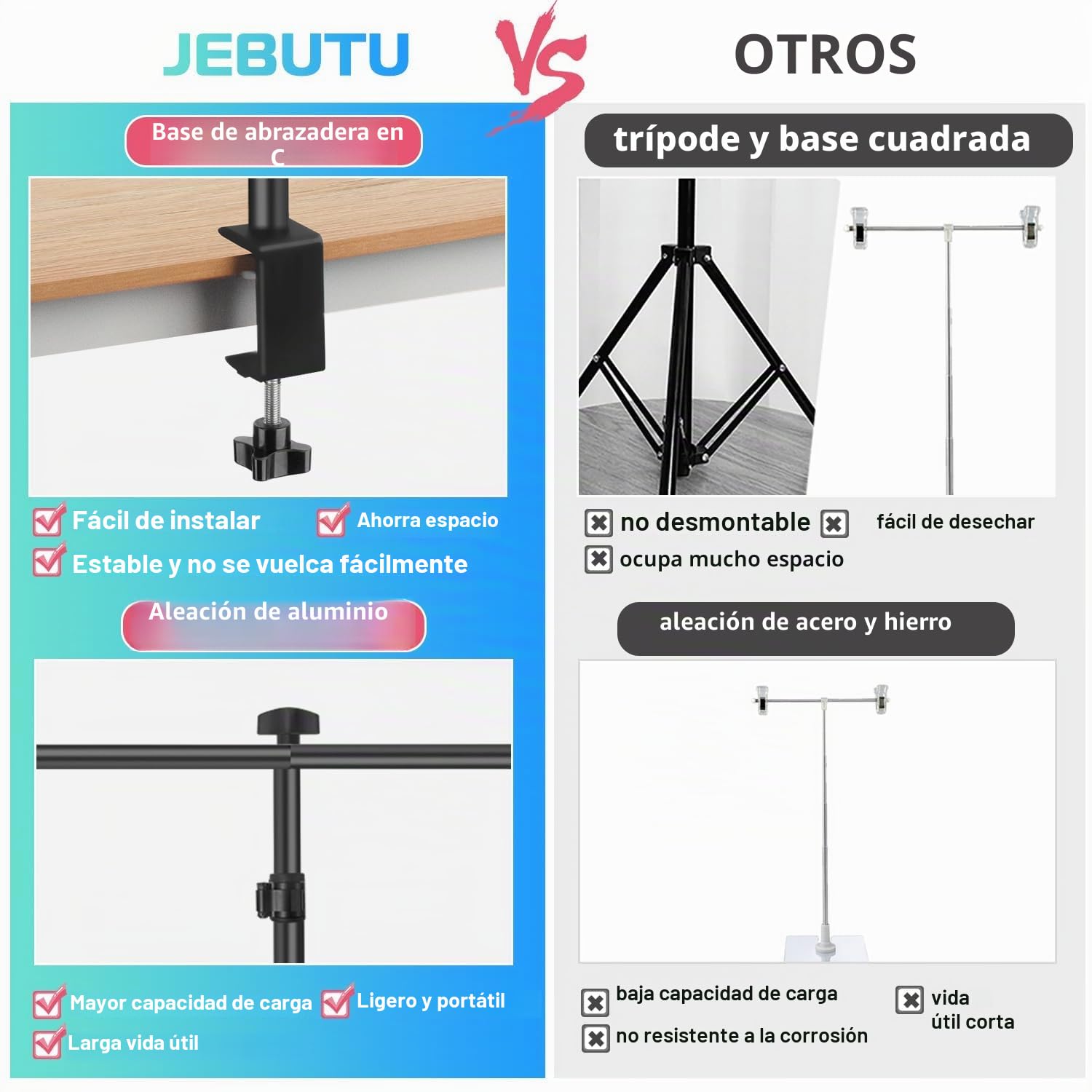 Soporte de Fondo 90x100 cm, 26-90 cm Soporte de Mesa de Altura Regulable con 3 travesaños, 3 Abrazaderas y Abrazadera en C para pancartas de Productos, Fondos de fotografía