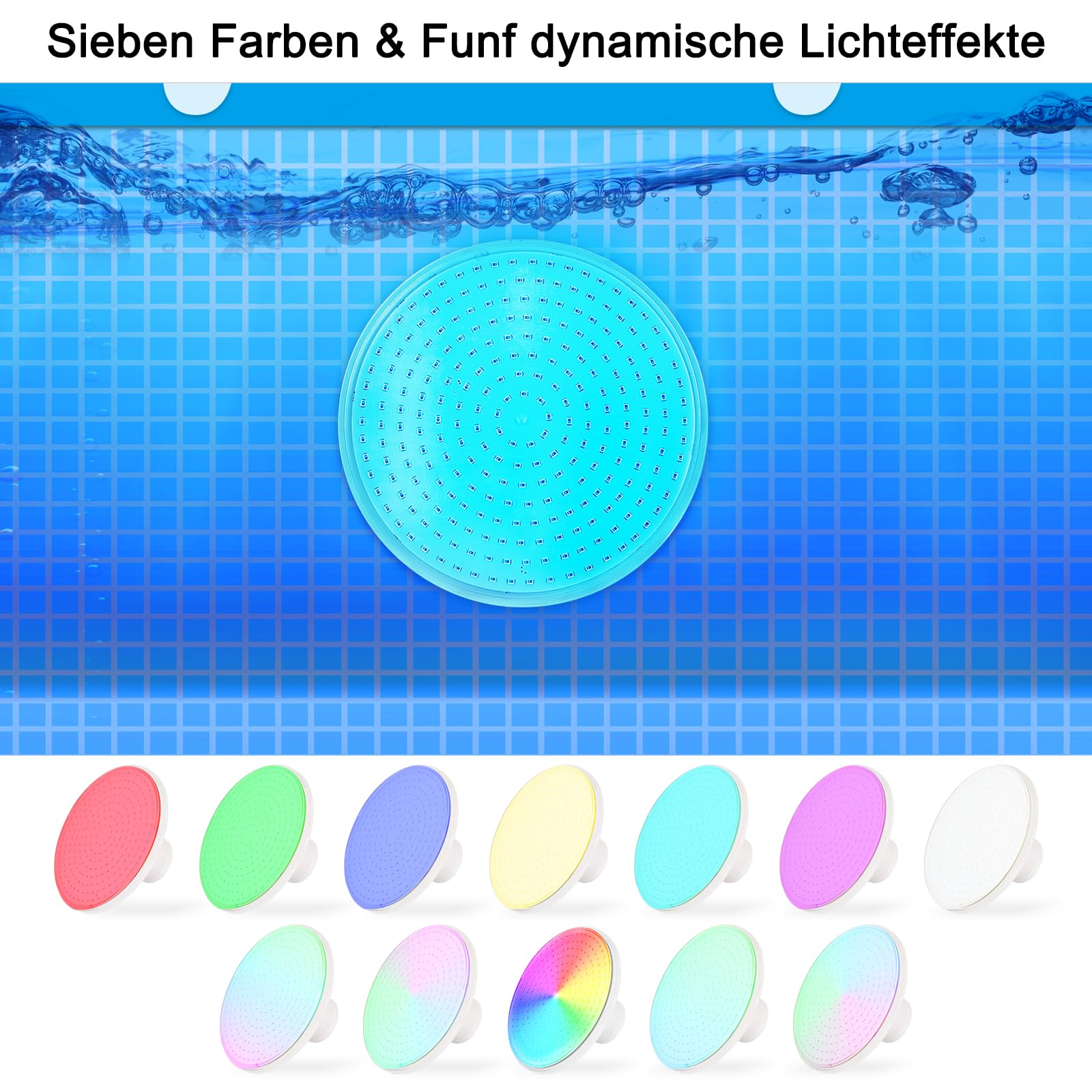 12V 24W Illuminazione LED per piscina, dimmerabile, luce per piscina, per telaio in acciaio e piscina a parete in acciaio, IP68, impermeabile, cavo da 7 m, Bocca ad anello da 2 ¼