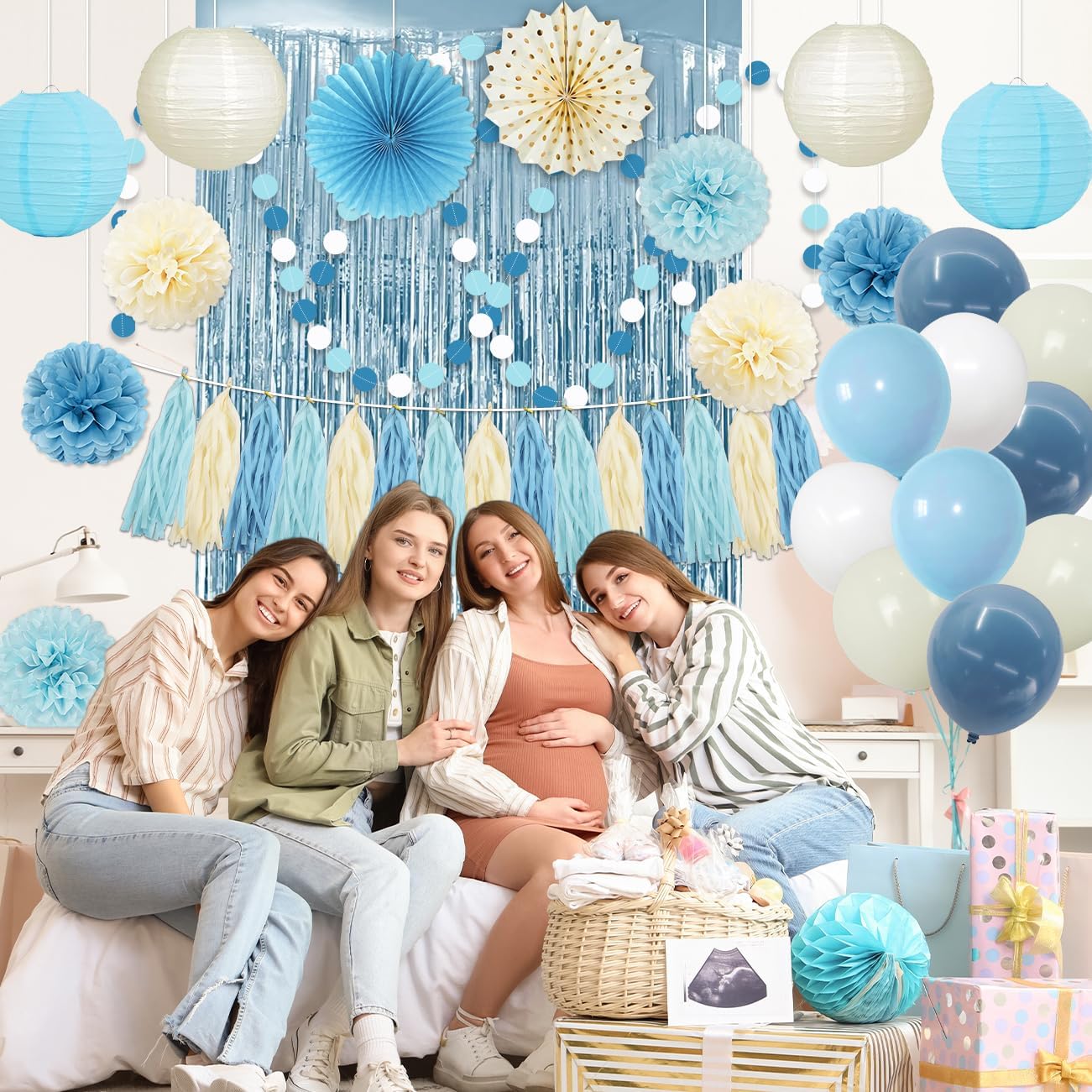 Dusty Blue Party Decorations Blue Birthday Party Balloons Paper Fans Pom Poms Tassel Garland Fringe Curtain for Birthday Baby Shower Bridal Shower Supplies