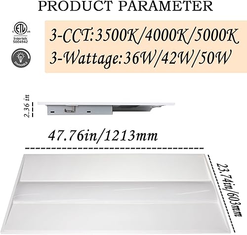 Miniatura 5 de Luz LED Troffer de 2 x 4 pies, 36 W42 W50 W, 3500 K4000 K5000 K sintonizable, luz LED de panel plano con 0-10 V regulable 120-277 V, ETL y DLC