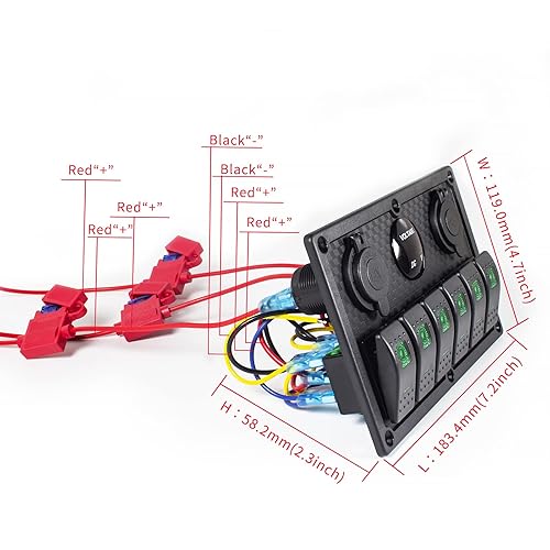 Vista 109 de Panel de interruptor de palanca impermeable de 6 cuadrillas 12V/24V Panel de interruptor basculante de aluminio con cargador USB doble, voltímetro