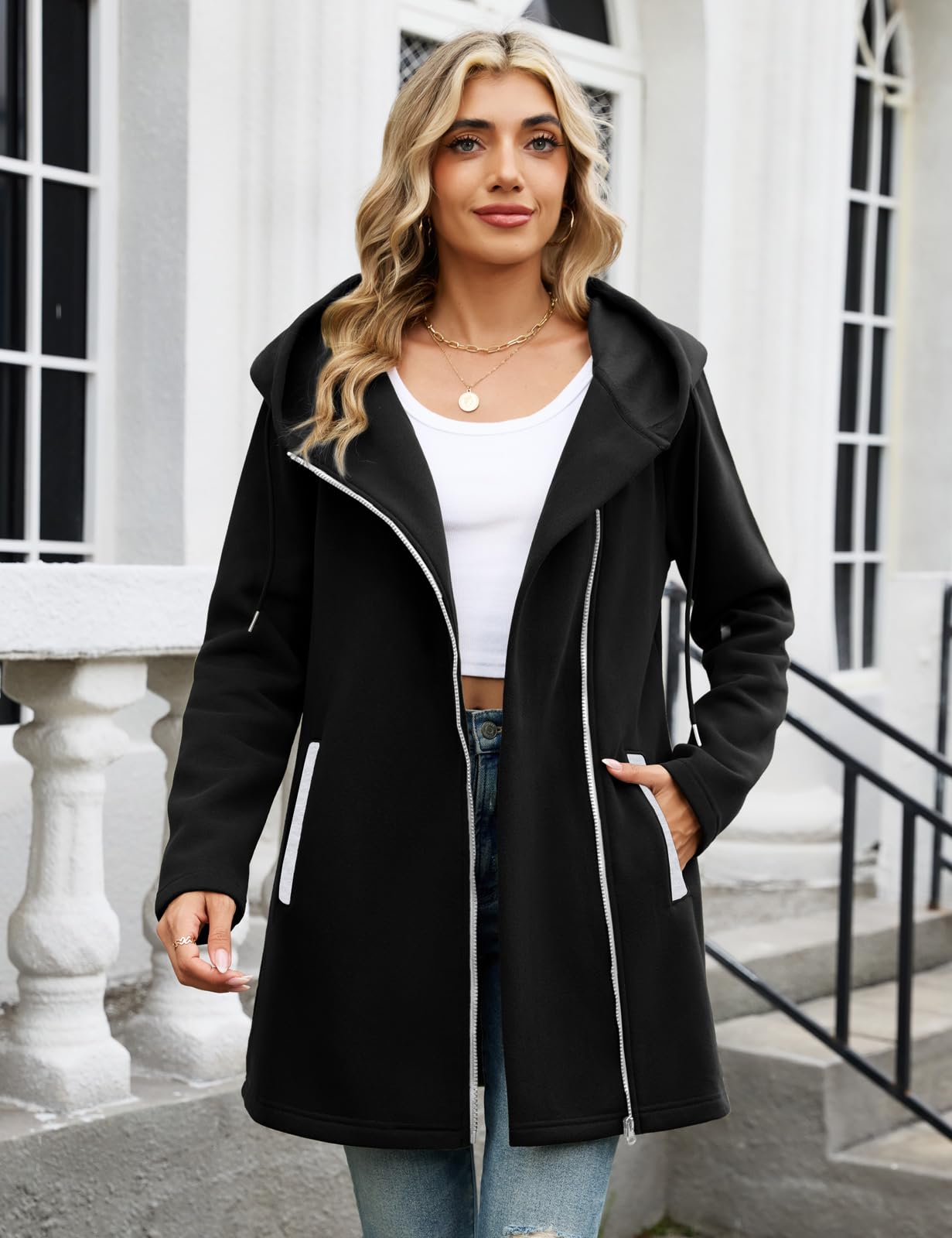 Vancavoo Sweat à Capuche Femme Long avec Zip en Polaire Sweat-Shirt | Veste Légère à Manches Longues avec Capuche à Cordon et Deux Poches Obliques, pour Printemps et Automne