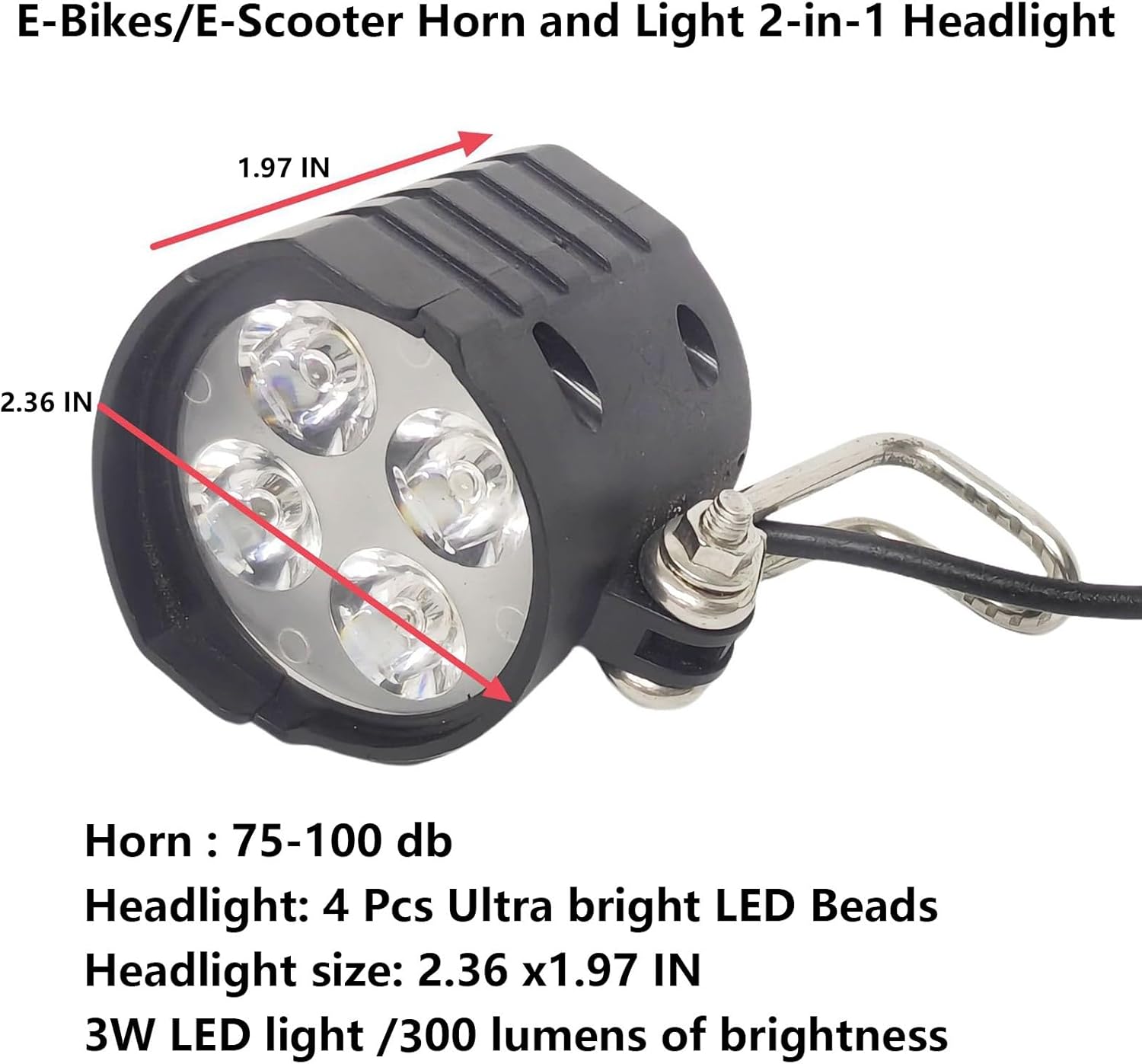 E-Bike LED Headlight with Horn 3 Pin Female Waterproof Connector 36V 48V 4 Beads Bicycle Replacement Headlamp for Electric Bicycles and E-Scooter 15 In Wire
