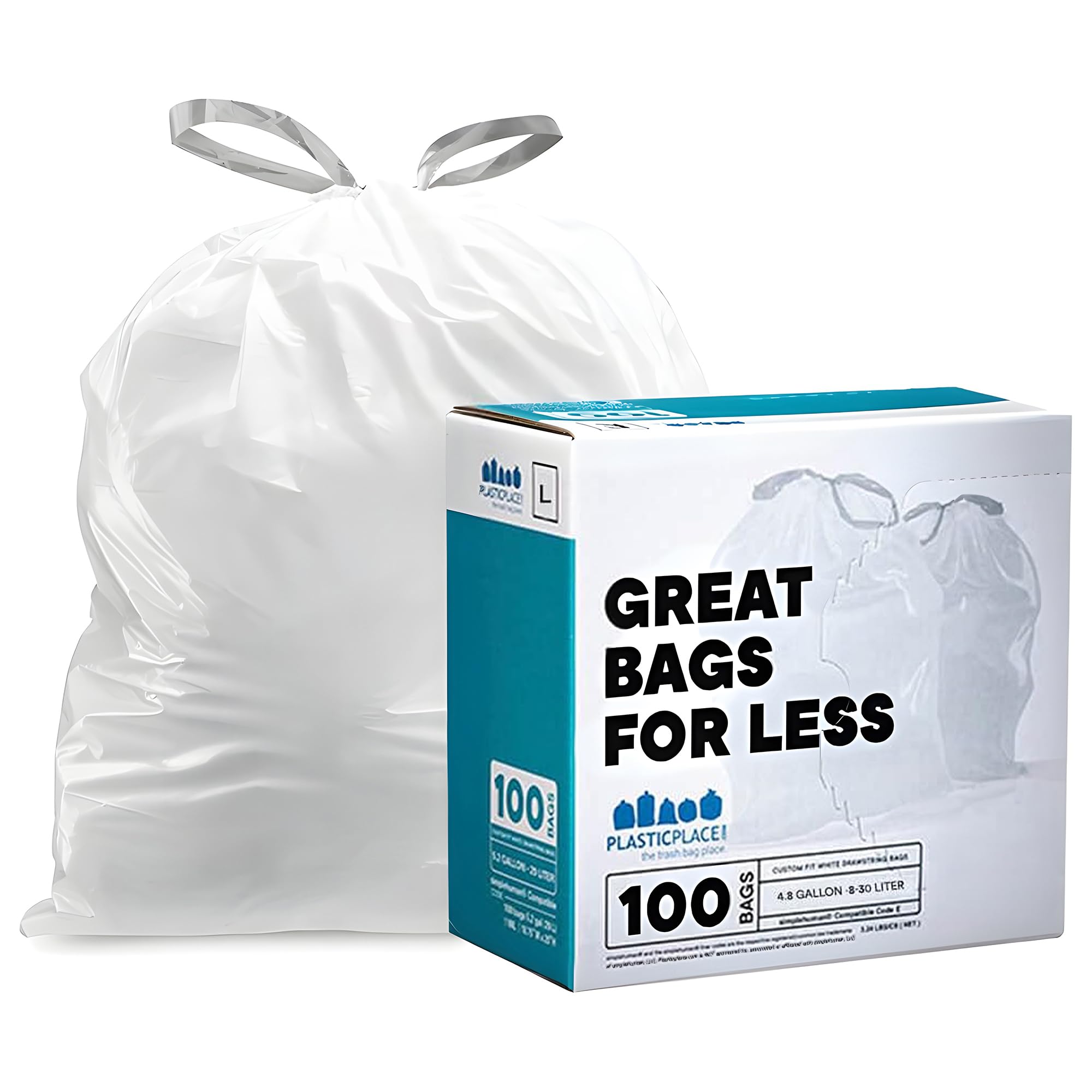 Plasticplace Trash Bags simplehuman Code L Compatible, 100 Count, White