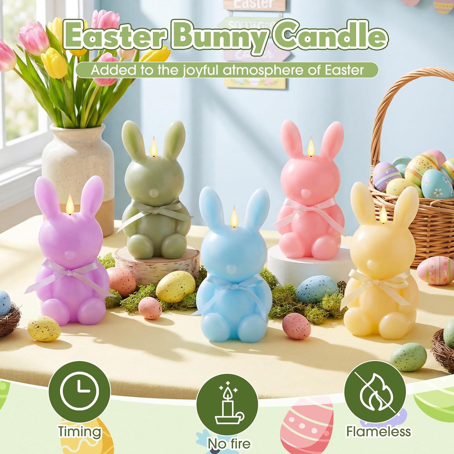 Baquler 5 Pcs Large Easter Bunny Led Flameless Candle 8 Inch Battery Operated Candles with Remote Real Wax Cute Rabbit Shape Candle with Bow 3D Flickering for Gift Home Party Decor (Spring Colors)