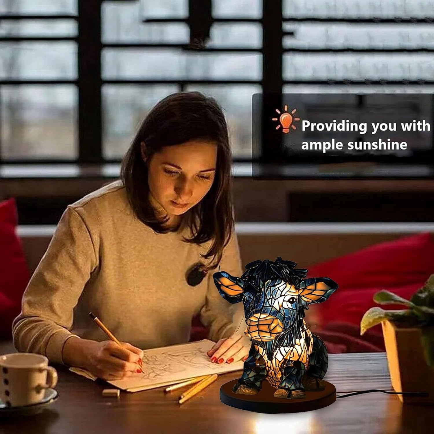 3D Cow Lamp Animal Table Lamp, Portable Cute Highland Cow Night Lamp Bedside Lamp Cow Night Light with USB for Home Office Bedroom Living Room Desk Decor (C)