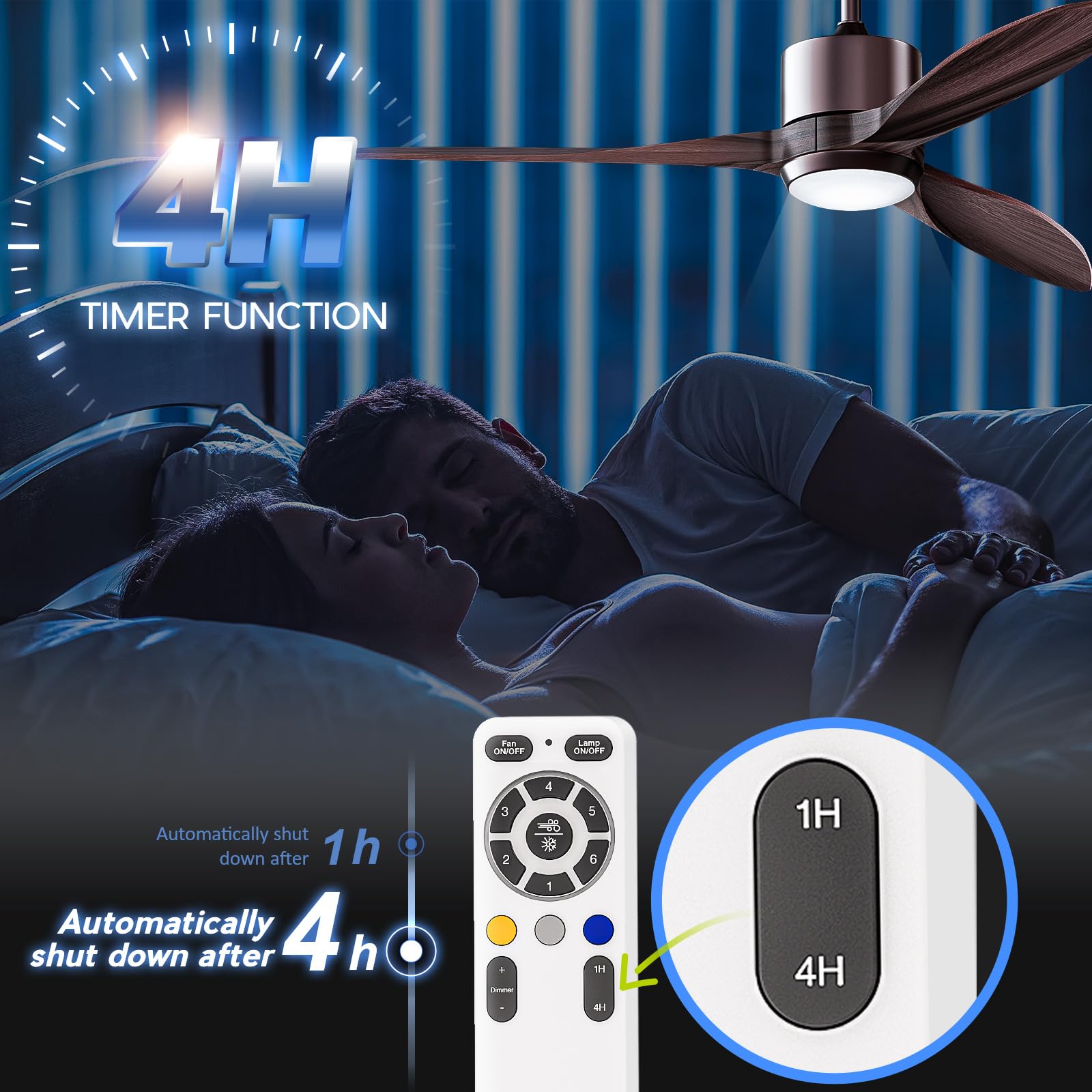 HOOLED Ventilatore da soffitto con luce DC Motore Brushless, 3 Lama Legno 50 inch, velocità del vento regolabile a 6 velocità con funzione di temporizzazione, luce LED regolabile in 3 colori