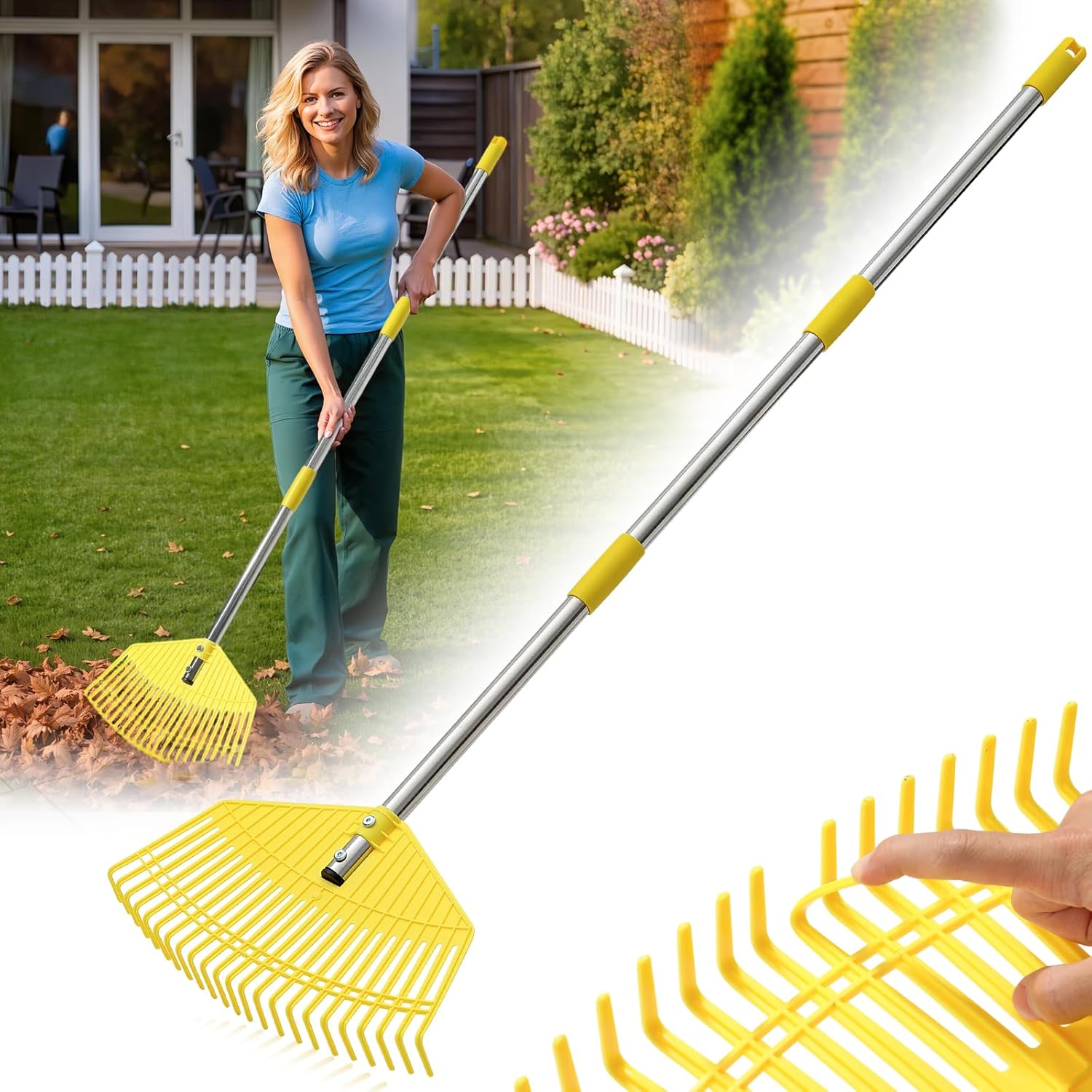 Bird Twig Leaf Rake: 17" Wide Nylon Head, 51" Adjustable Stainless Steel Handle - Lightweight Lawn Rake for Women, Seniors & Kids