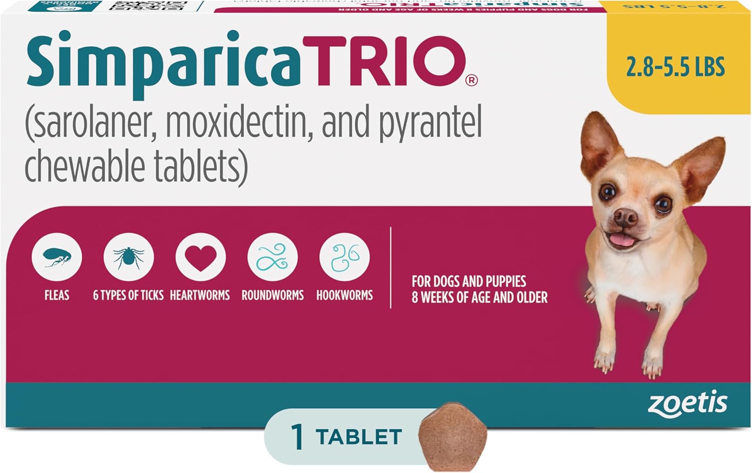 Simparica Trio (sarolaner, moxidectin, and pyrantel chewable Tablets) Chewables for Dogs, 3 mg/tab, 2.8-5.5 lbs, (Gold), 1 Tablet