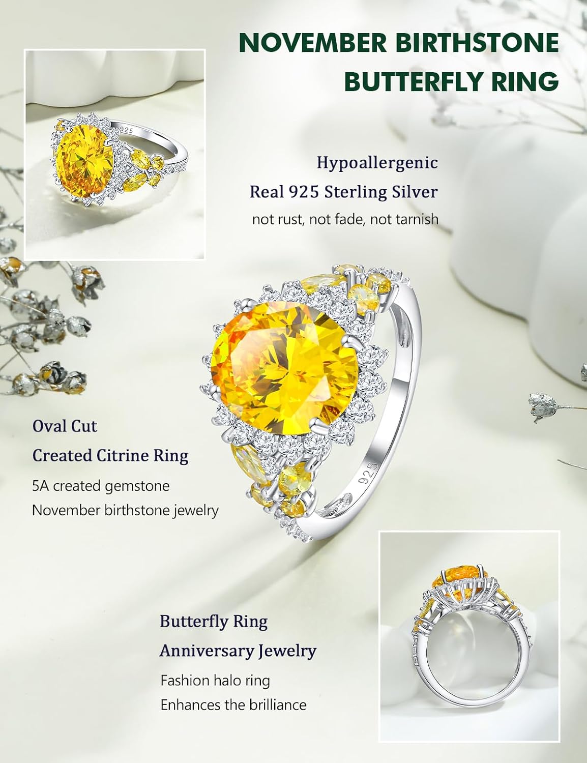 Big Oval Rings for Women Butterfly Promise Halo Ring Sterling Silver Created Sapphire/Ruby/Emerald/Aquamarine Cz Engagement Ring Birthstone Anniversary Jewelry Size 6-10