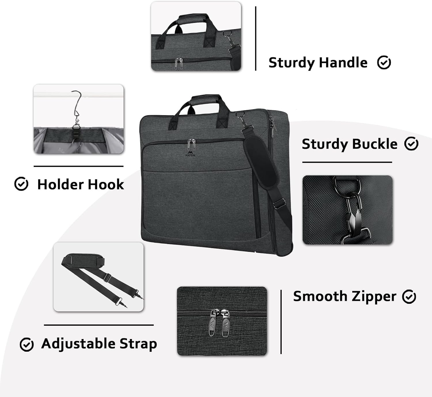 MATEIN Garment Bags for Hanging Clothes, Large Travel Suit Bag with Shoulder Strap for Business Trips, Foldable Luggage for Men Women, Wrinkle-Free Clothing Suitcase for Traveling, Dark Grey