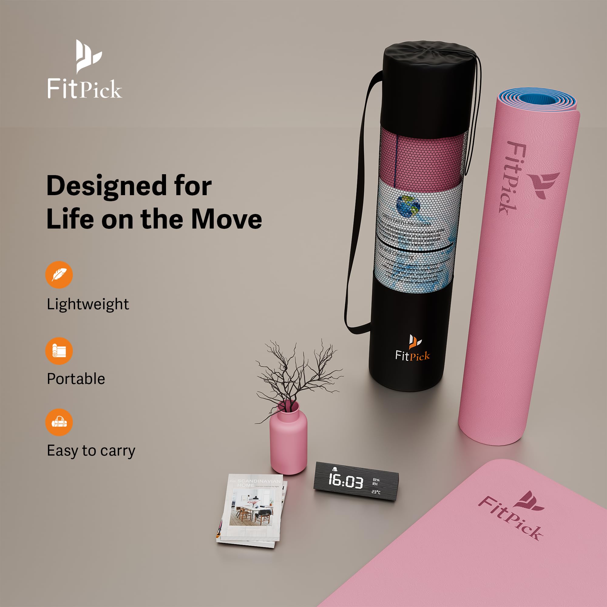 FIT PICK Pro Yoga Mat for Women & Men | High Density TPE Yoga Mat with 6mm Cushion | Non-Toxic, Sweat-Resistant & Double Sided Anti-Slip Exercise Mat | Lightweight & Portable with Carry Bag (Pink Sapphire) 4