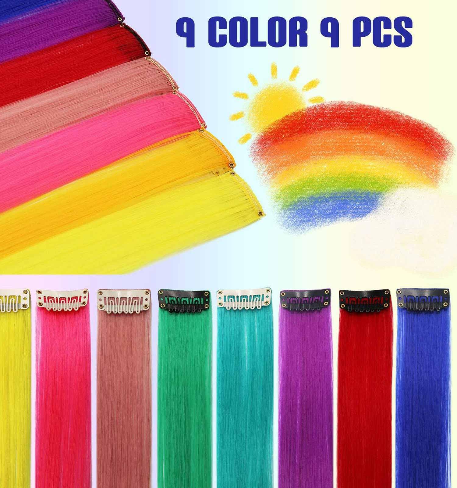 Rainbow Hair Extensions Colored Hair Extensions Clip In/On For Girls Hair Accessories Wig Pieces For women 9PCS - Image 3