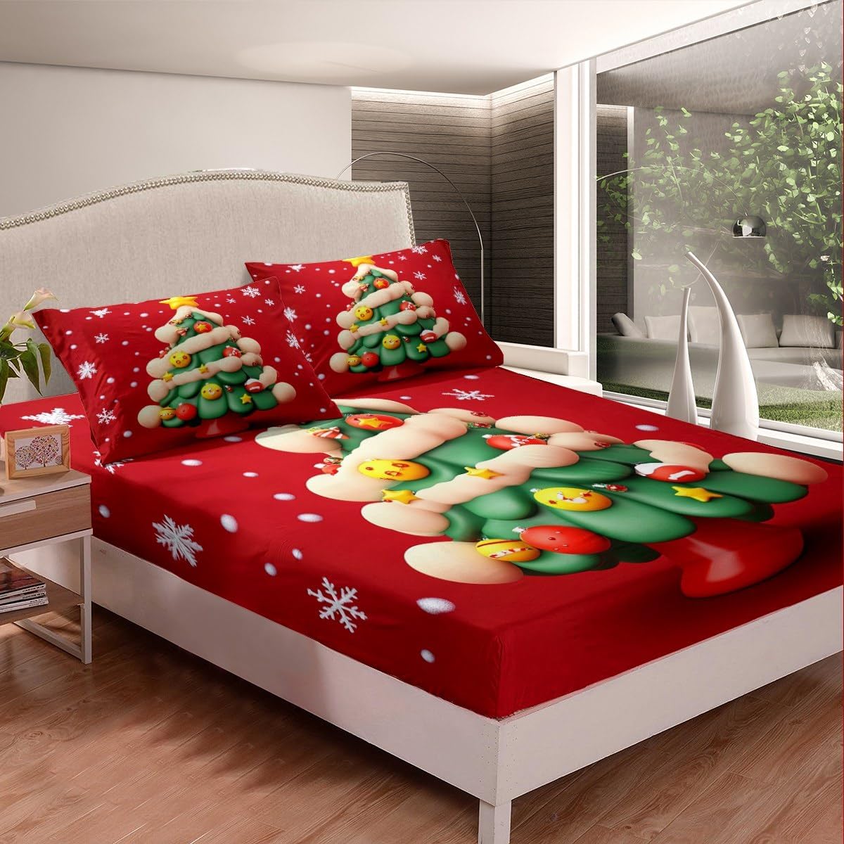 Christmas Trees Quilt Set for Kids Teens,Geometric Snowflake Bedspread Coverlet,Green and Red Bed Cover Xmas Theme Bedding Set Decorative Quilted 2 Piece Coverlet Set with 1 Pillow Sham,Twin Size