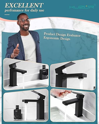Miniatura 5 de Grifo de baño negro mate de un solo agujero, acero inoxidable 304 con una manija para fregadero de baño con drenaje desplegable de metal, para