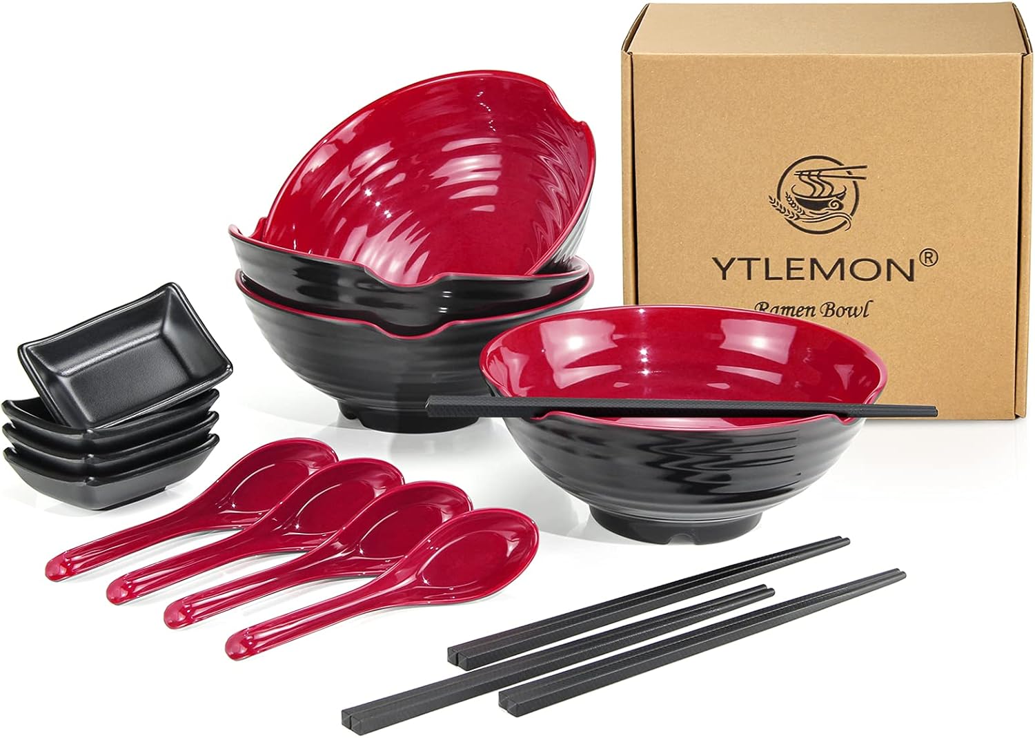 YTLEMON 4 Set (16 Pieces) Japanese Ramen Bowl Set, Capacity 1048ml