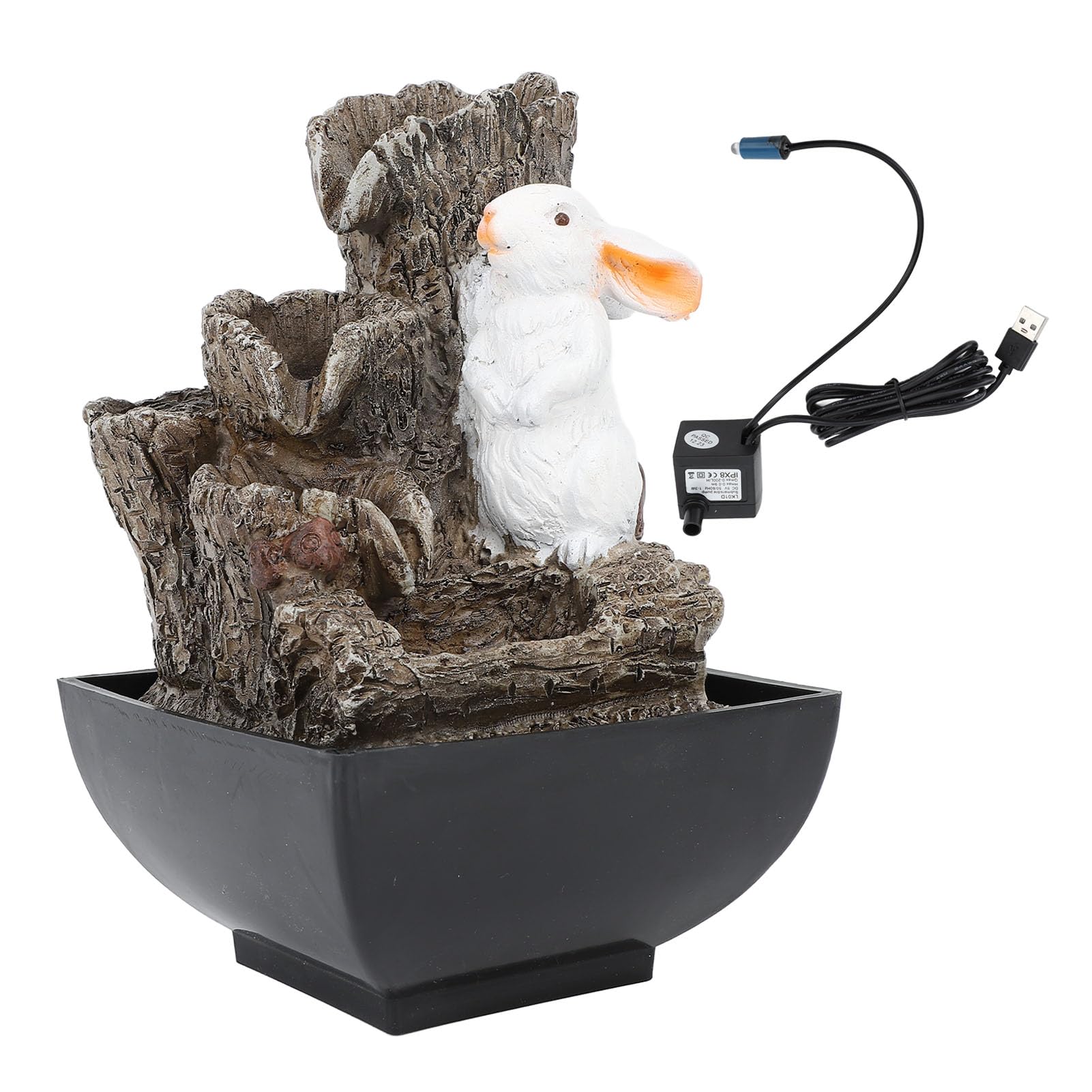 Lybunair Bunny USB 5V LED Resin Tabletop Tiered Water Fountain Indoor Waterfall Meditation Fountain for Study Room Office Desk