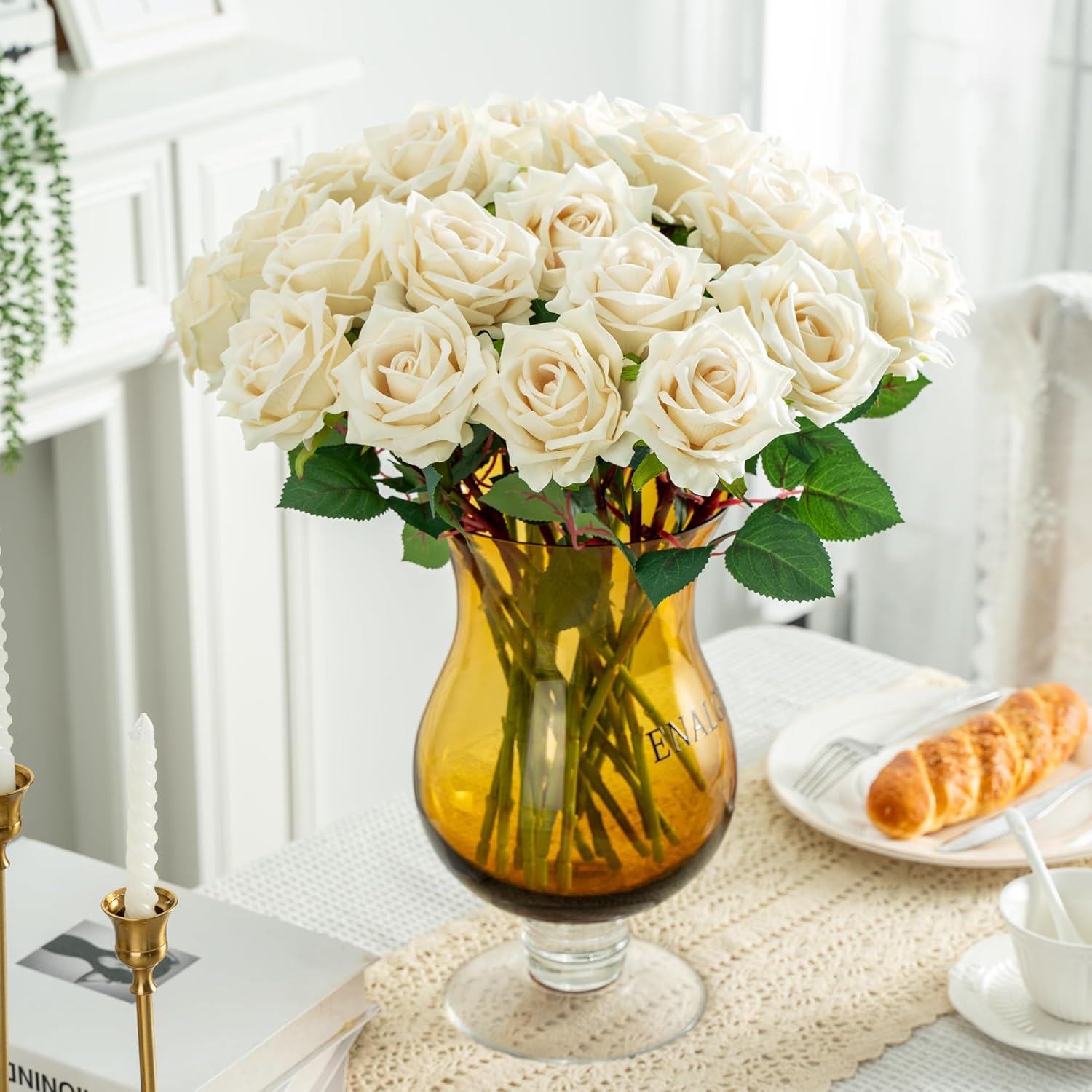 Fake Roses Faux Flowers 24PCS Silk Roses Artificial Roses with Stems Realistic Artificial Flowers Suitable for Indoor Home Decoration DIY Bouquet Wedding Decor Party Decor 16.5In (White) - Image 5