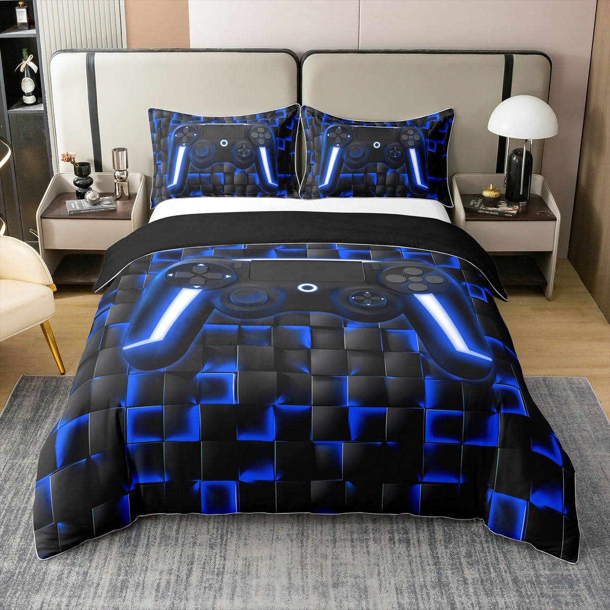 Homewish Juego de ropa de cama de 100 % algodón, 135 x 200 cm, juego de ropa de cama para videojuegos geométrica, juego de ropa de cama para videojuegos, decoración de sala de juegos, luces de neón