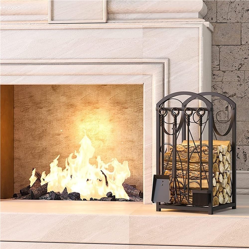 Fire Wood Holder Indoors Iron Firewood Rack Small Log Organizer Indoor/Outdoor Firewood Rack with Tools Set of 4 Black High Temperature Baking Paint Firewood Storage Rack
