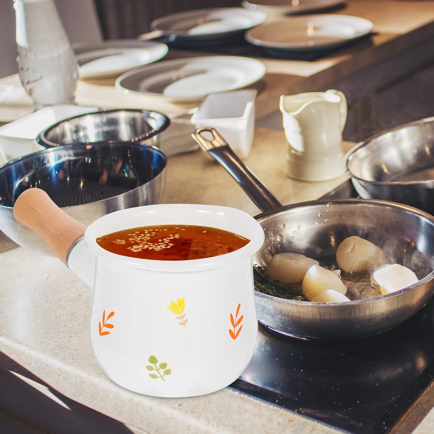 Enamel Sauce Pan with Handle Small Pot with Handle Enamel Cookware Pan with Nonstick Sauce Butter Melting Pot Small Sauce Milk Heating Pasta