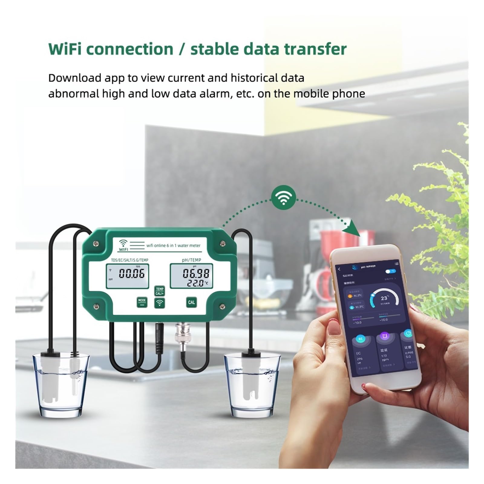 pH Mètre Compteur numérique PH EC TDS SALT SG.Temp, testeur de qualité de l'eau, enregistreur de données, moniteur intelligent 6 en 1, contrôle par application Tuya pour Hydroponie, Jardin, Piscine, A