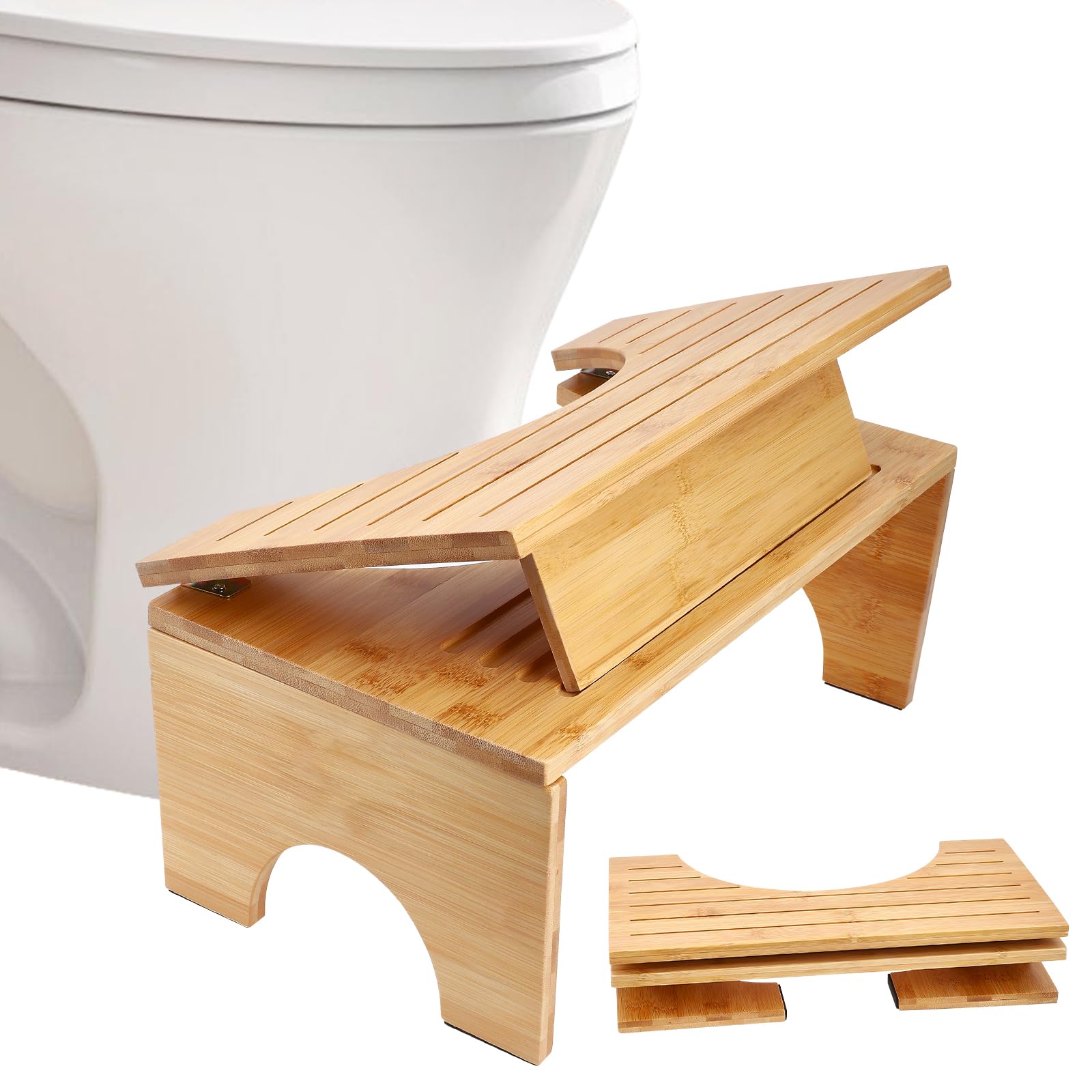 Sgabello WC in Bambù,Portatile Sgabello Pieghevole per Adulti,Antiscivolo Sgabello da Bagno con 4 Livelli,Ergonomico a Forma di C per Combattere la Stitichezza,Flatulenza e Facilitare l'evacuazione