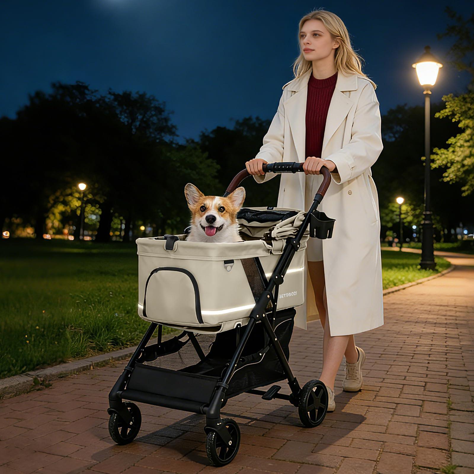NO-Zip Poussette légère avec bandes de sécurité réfléchissantes, pliage à une main, maille anti-griffes, chariot de voyage respirant, capacité de 15 kg, blanc