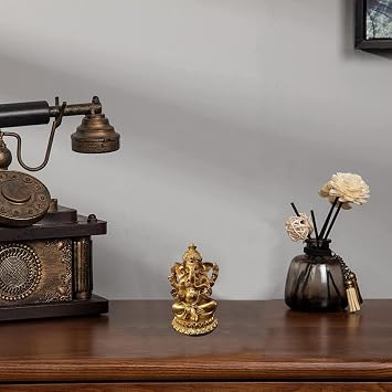 Brass Lord Ganesha Statue, Hindu Elephant God Resin Sculpture, Handmade Indian Ganesh Figurine Ornament, Ideal for Home Garden Bedroom Car Dashboard Decor, Diwali Festival Blessing Gift