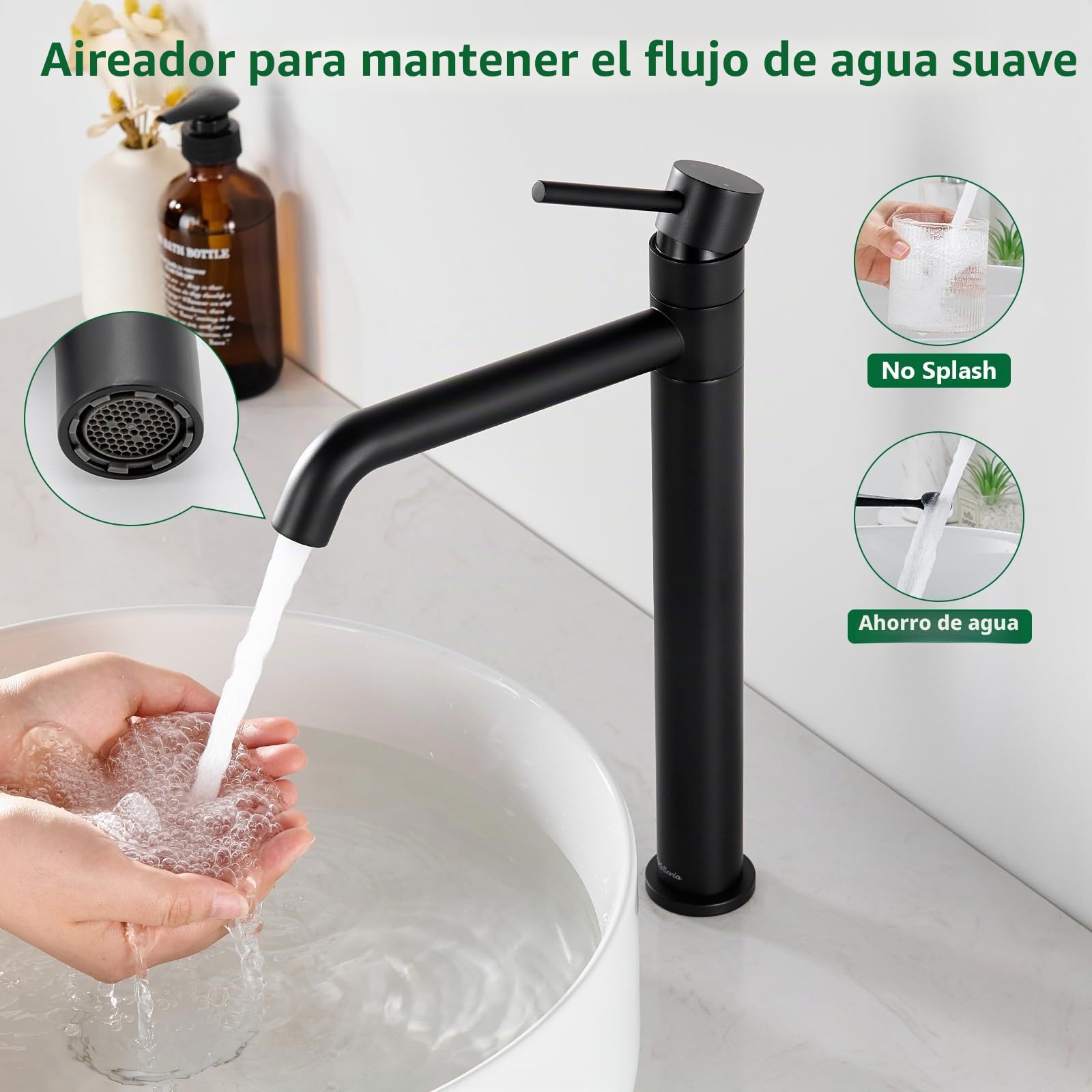 Grifo de Lavabo Alto, Grifo de Baño Giratorio 360°, Grifo Mezclador de Caño Alto para Lavabos de Encimera, llaves de Paso de Agua Baño Monomando de Baño, Negro