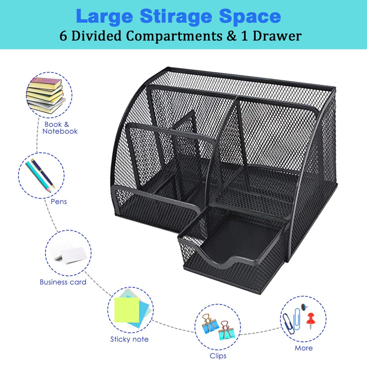 Schreibtisch Organizer,Bleistifthalter auf dem Schreibtisch, Stifte organizer schwarz, 7 Stifte organizer mit schubladen,Stiftehalter Metallgewebe,ZF1016 Büro organizer