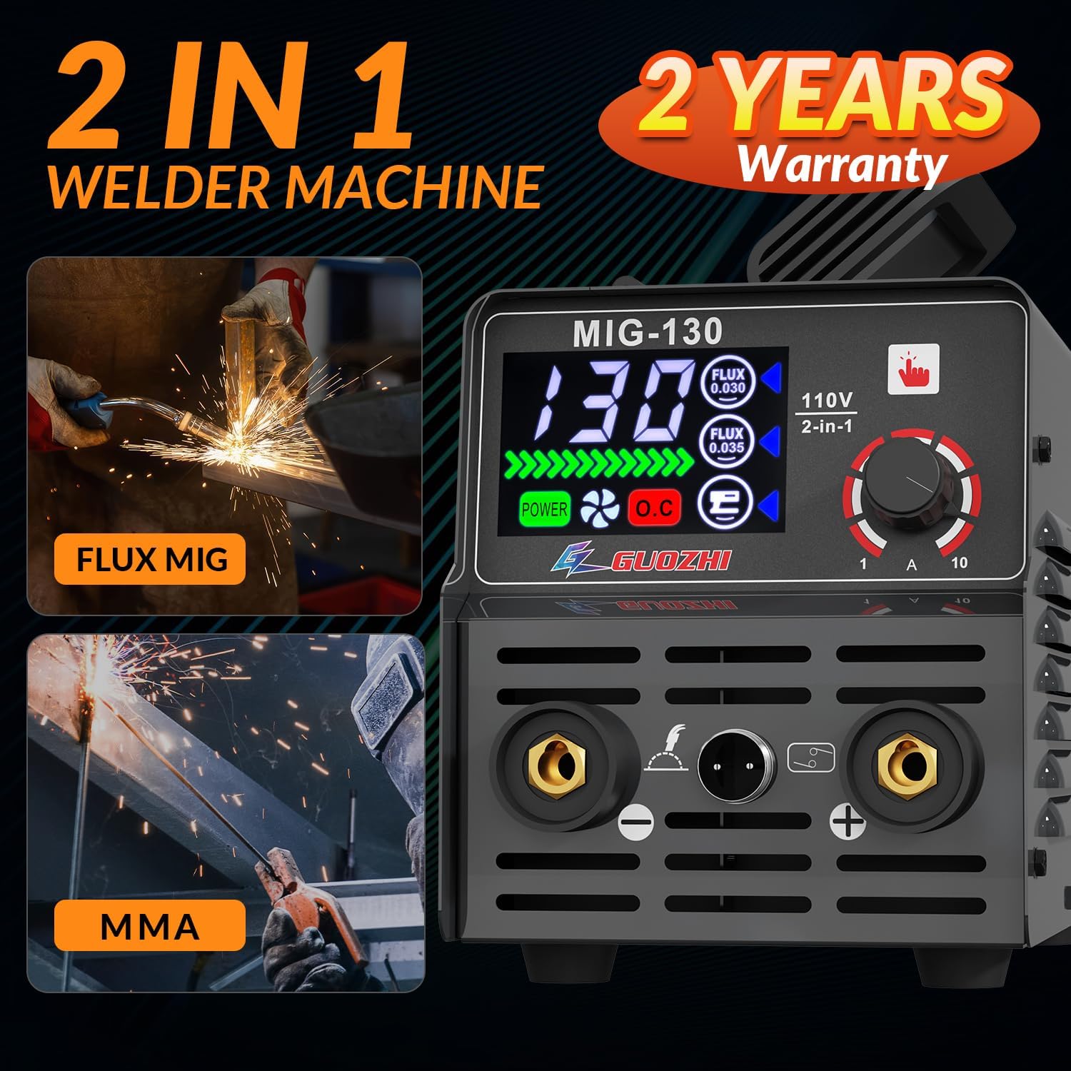 GZ GUOZHI MIG Welder 130Amp 110V with Super Large LED Display, 2 in 1 Gasless Flux Core MIG/Stick MMA ARC Multiprocess Welding Machine with Synergy, Portable Welder Equipment with Welding Gun
