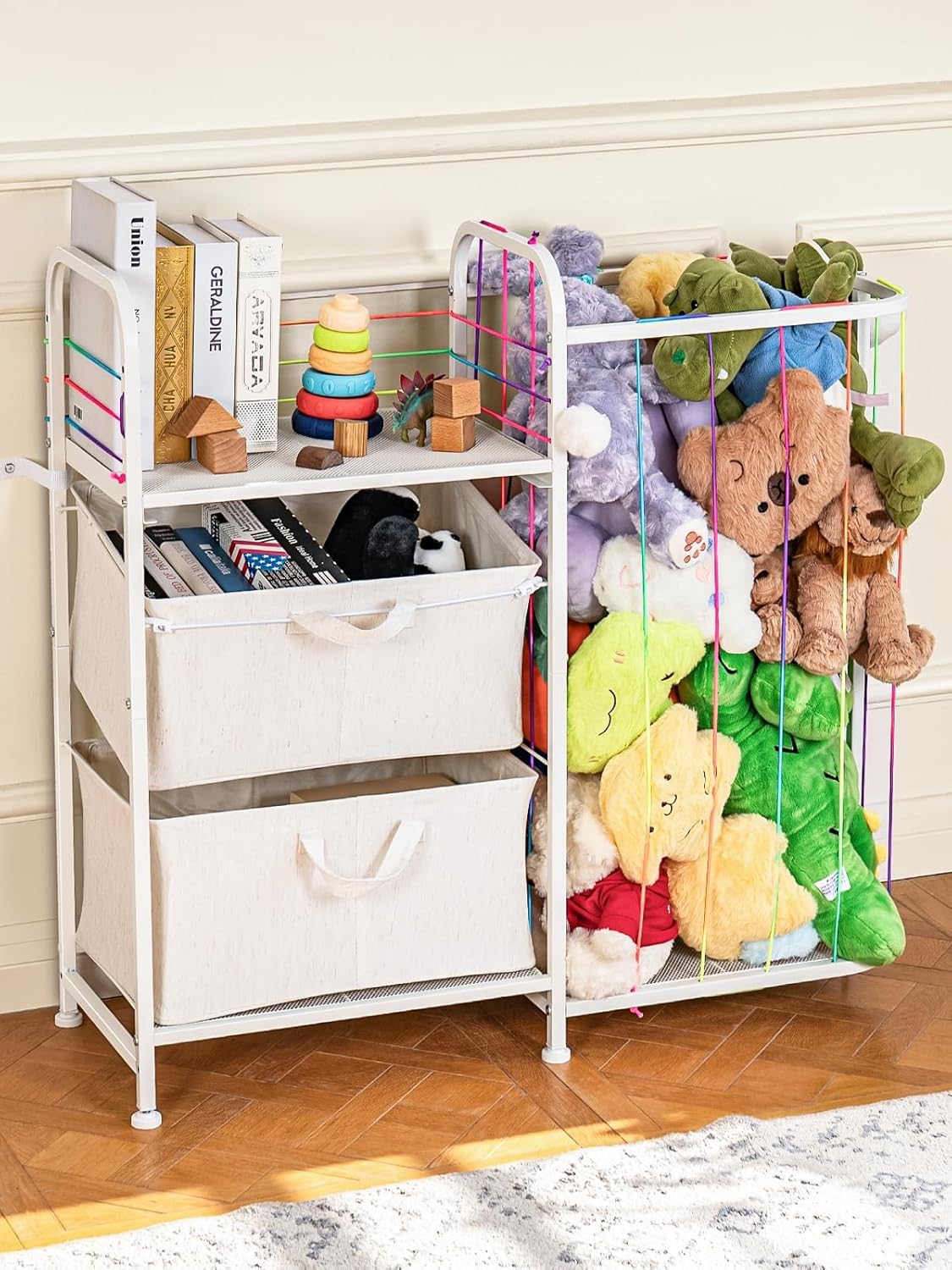 VBABY Kids Bookshelf and Toy Storage, 2-Tier Stuffed Animal Storage and Book Shelf for Kids Rooms, Toddler Montessori Bookshelf with Fabric Drawers for Nursery, Playroom, Bedroom