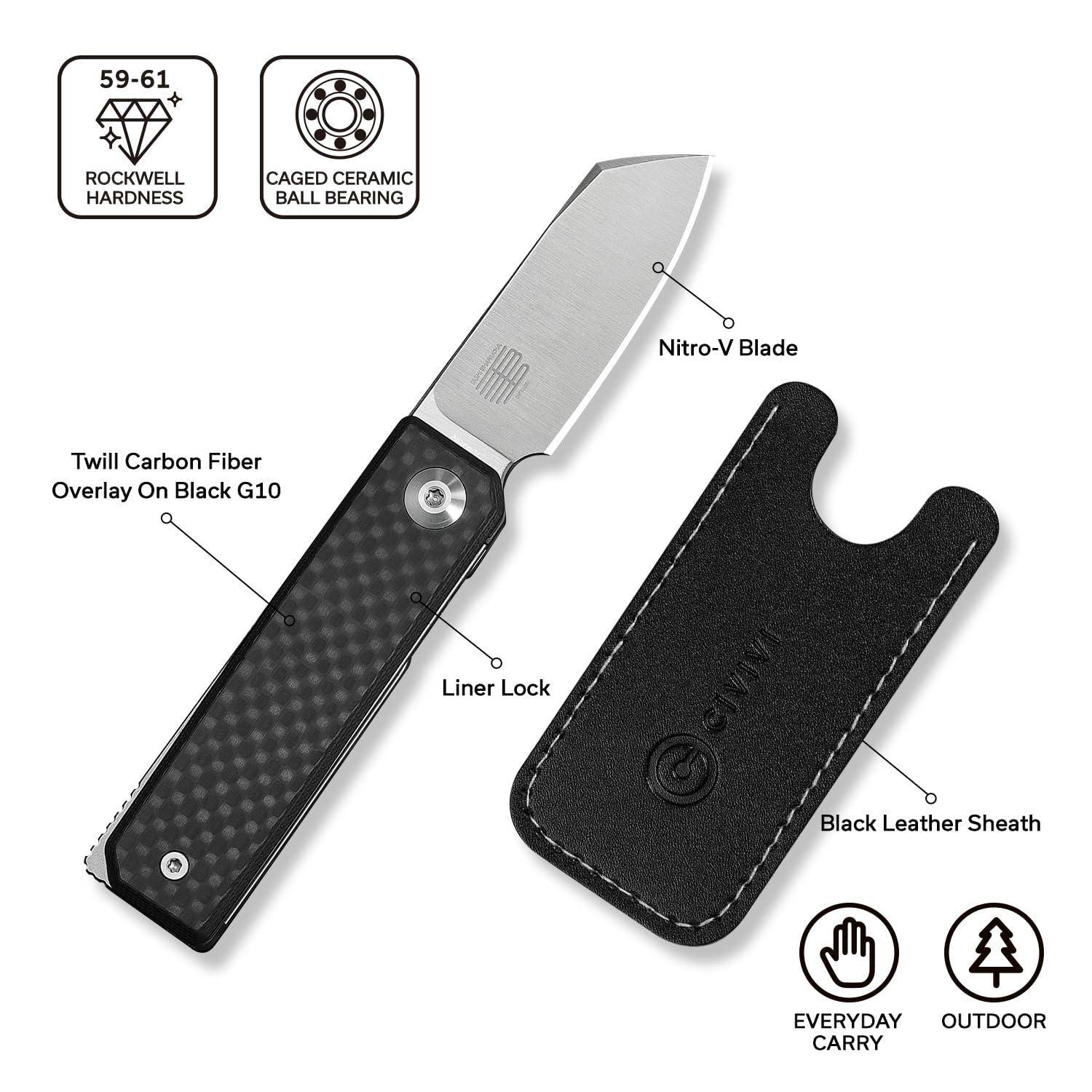 CIVIVI Kukei Mini Pocket Knife, Folding Knife 5.12 CM Nitro-V Blade Carbon Fiber with Black G10 Handle, EDC Knife, Front Flipper Opener C25036-4