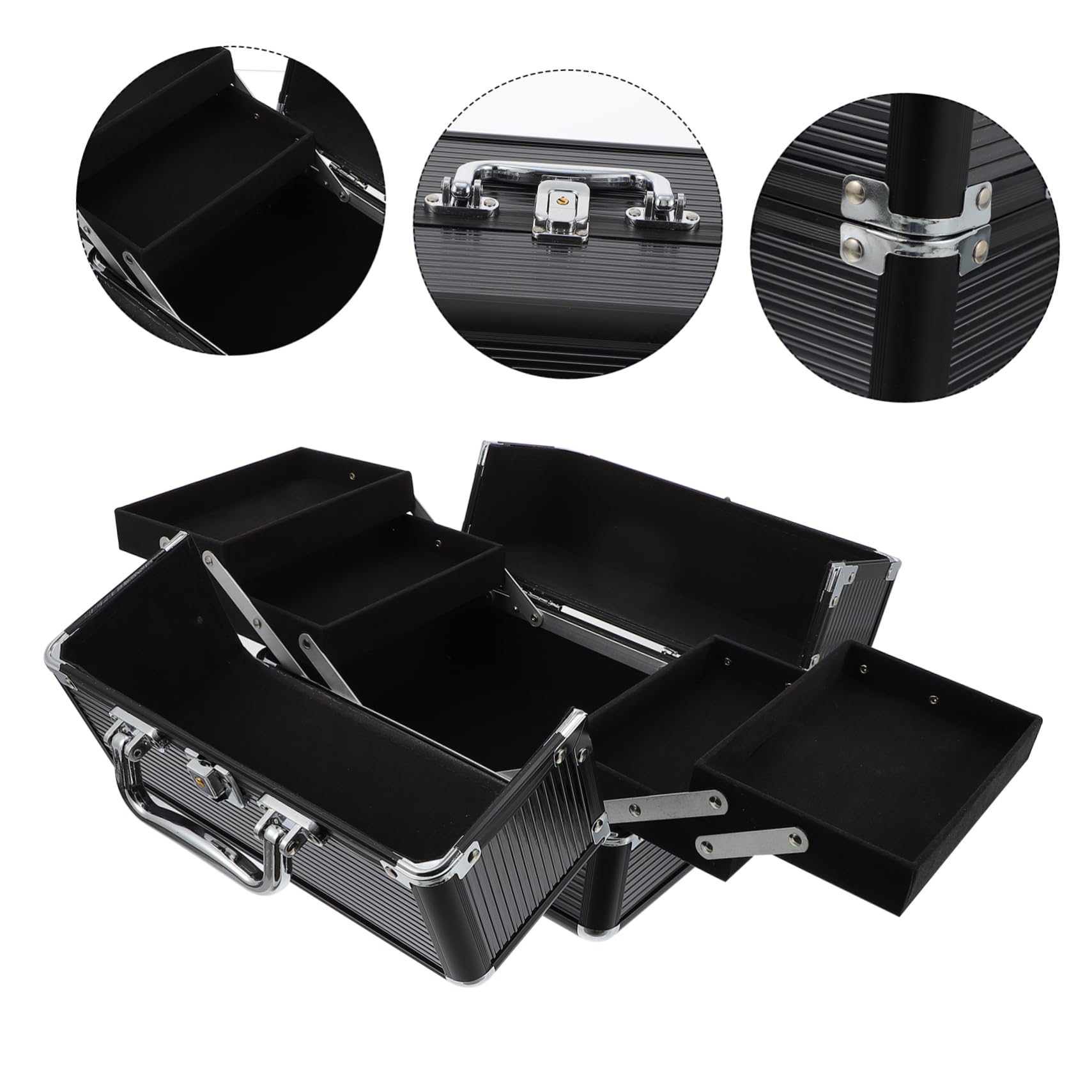 Aluminiumlegierung Kosmetikaufbewahrungsbox Leichter Make Up Organizer mit Geordnetem Stauraum Schwarz für Geschäftsreisen und Arbeit
