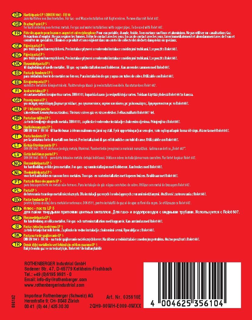Rothenberger 035610E Disossidante LP 5 per Saldature Forti, 710°C, 160 gr, Rosso/Giallo