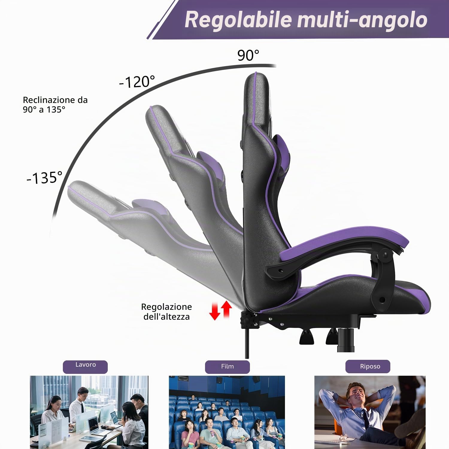 bigzzia Sedia da Gaming, Ergonomica, Per Gamer, con Cuscino Lombare e Poggiatesta, Regolabile in Altezza, Sedia Per Computer, Per Ufficio (Viola)