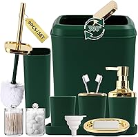 Vista 17 de Juego de accesorios de baño rosa, de plástico, con bandeja, dispensador de jabón, portacepillos de dientes, vaso, jabonera, cepillo para inodoro